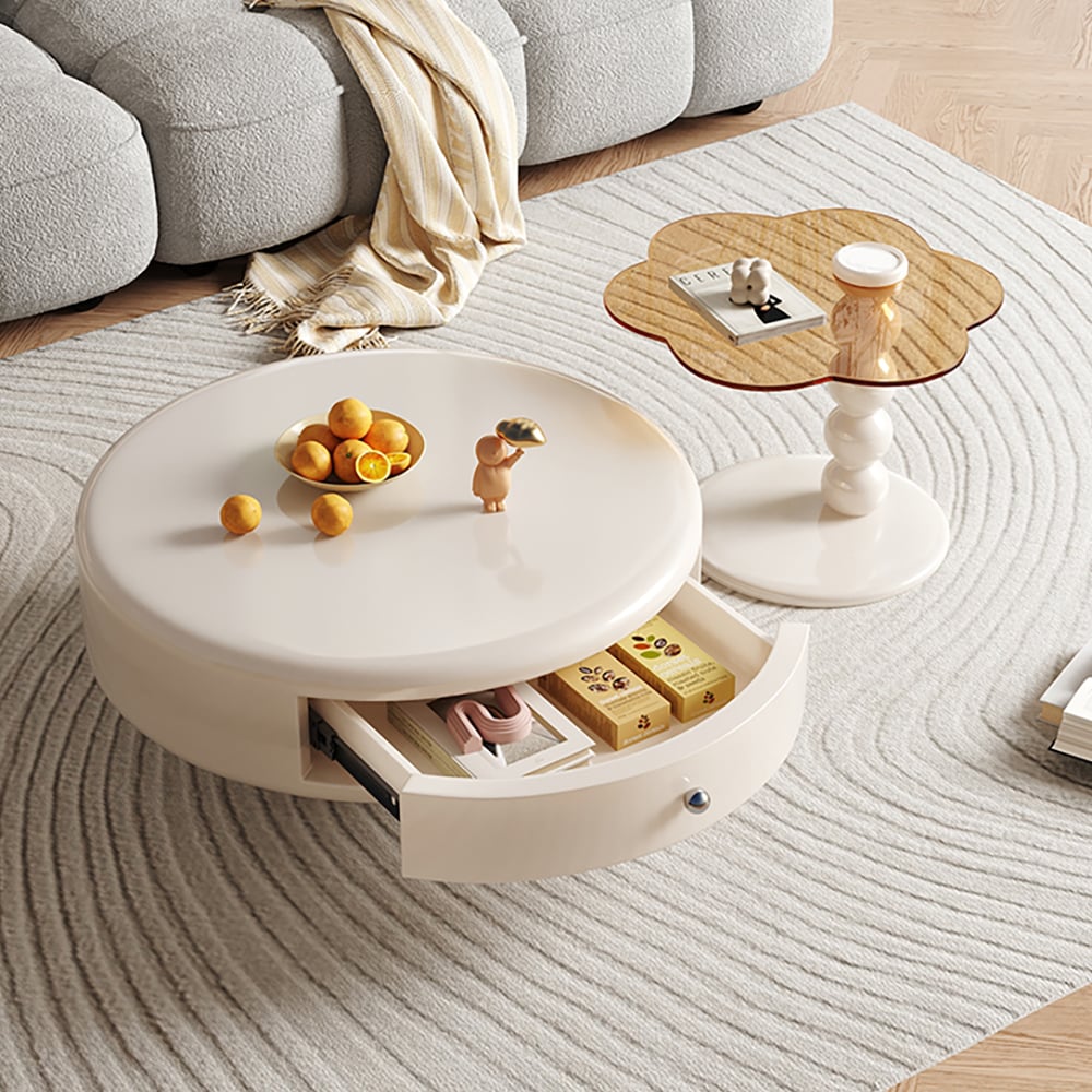 HMR - Modern Off-white Rotatable Coffee Tables 2-Piece Tea Glass Side Table with 2 Drawers