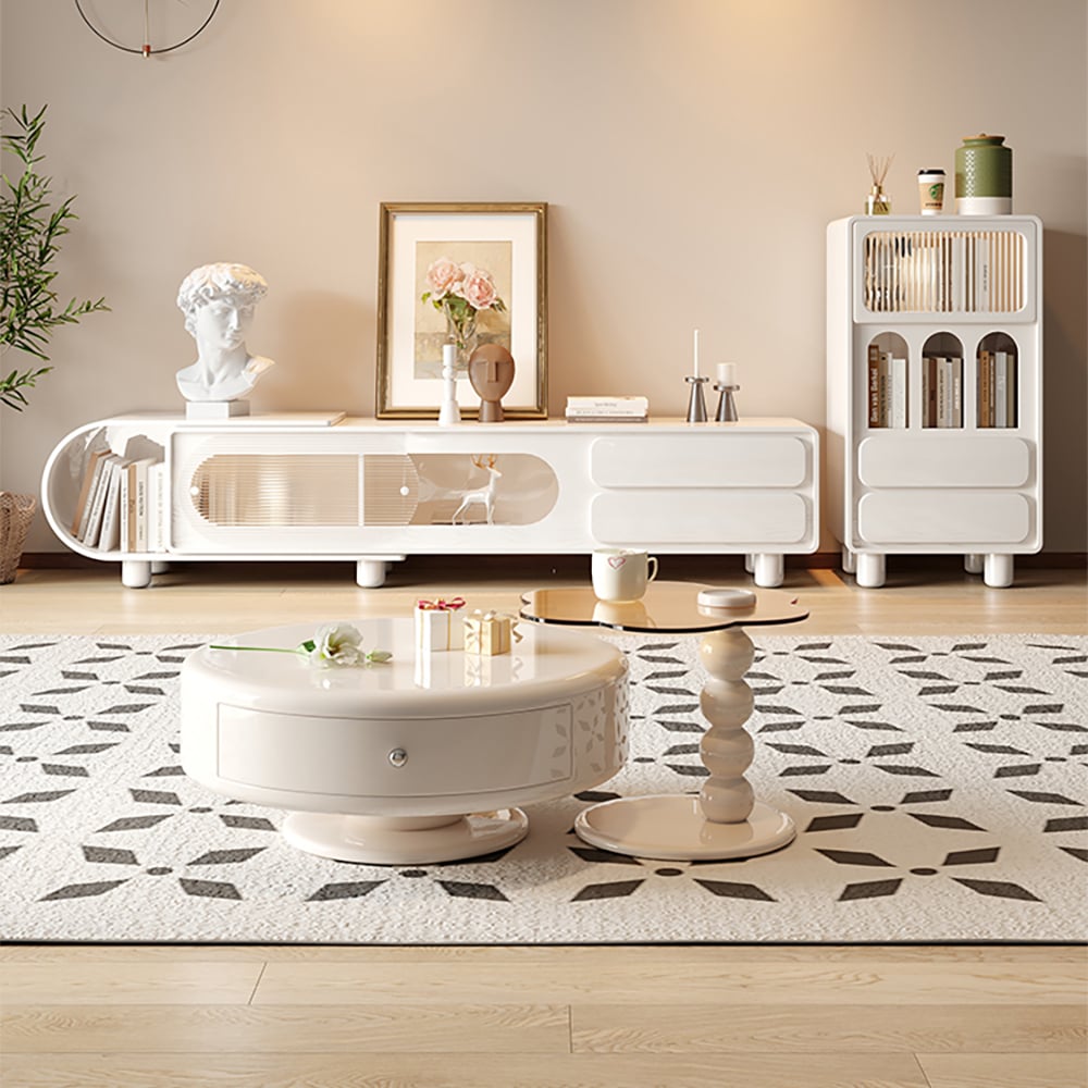HMR - Modern Off-white Rotatable Coffee Tables 2-Piece Tea Glass Side Table with 2 Drawers