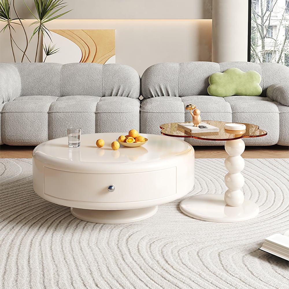 HMR - Modern Off-white Rotatable Coffee Tables 2-Piece Tea Glass Side Table with 2 Drawers