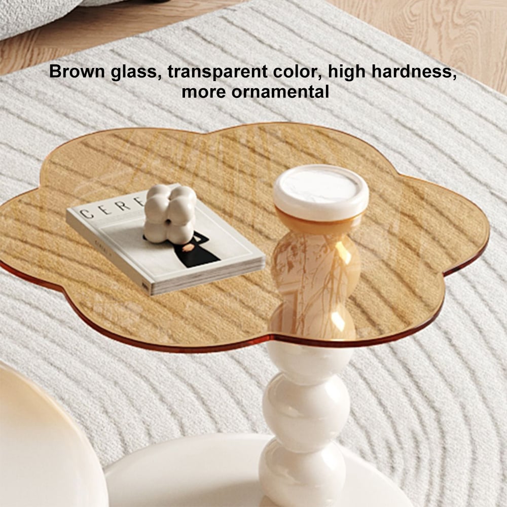 HMR - Modern Off-white Rotatable Coffee Tables 2-Piece Tea Glass Side Table with 2 Drawers