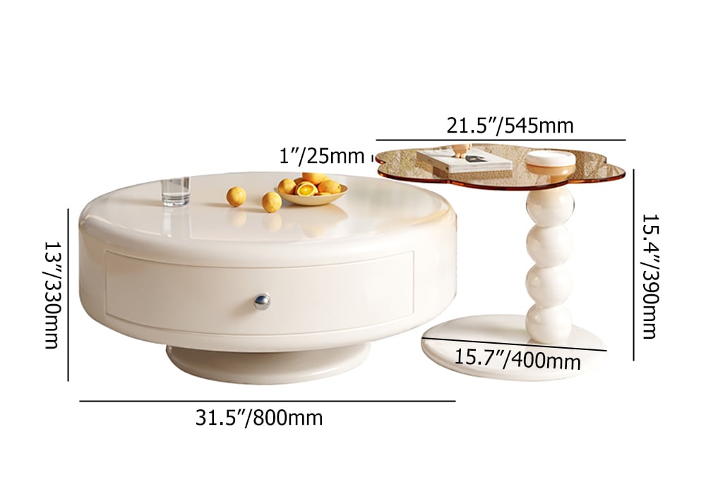 HMR - Modern Off-white Rotatable Coffee Tables 2-Piece Tea Glass Side Table with 2 Drawers