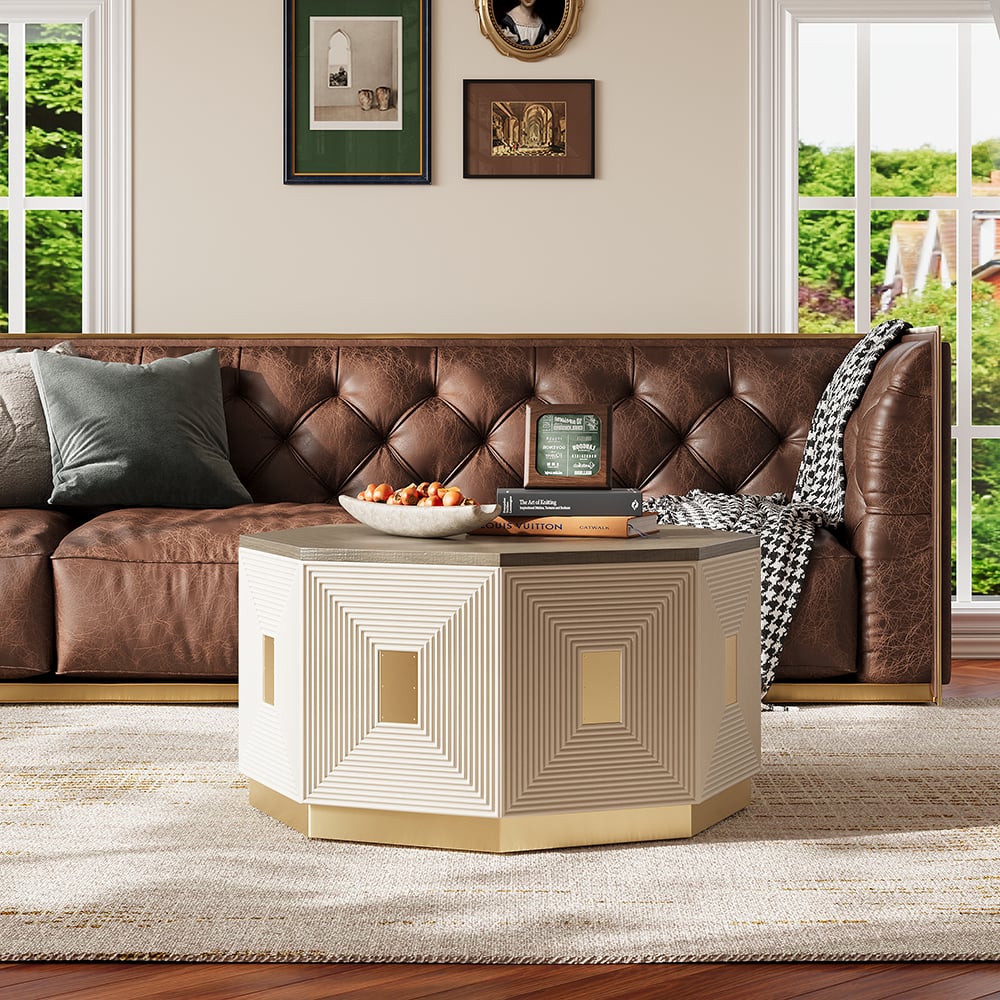 HMR - Mid Century Modern Block Coffee Table in Light Gray & Champagne with Octagonal Tabletop