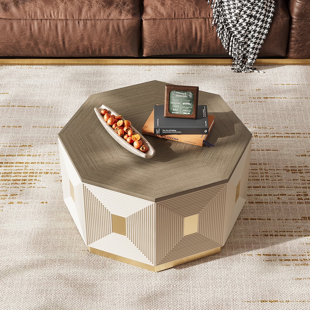 HMR - Mid Century Modern Block Coffee Table in Light Gray & Champagne with Octagonal Tabletop