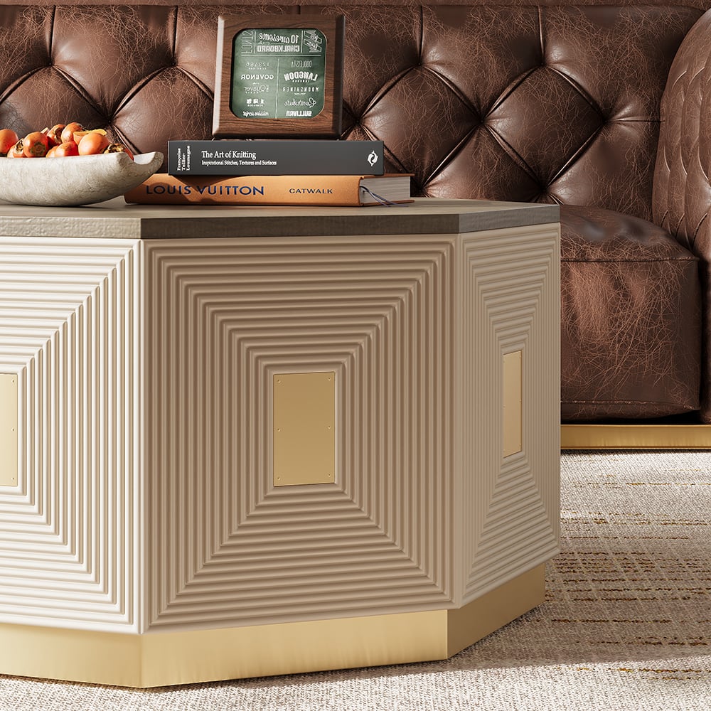 HMR - Mid Century Modern Block Coffee Table in Light Gray & Champagne with Octagonal Tabletop