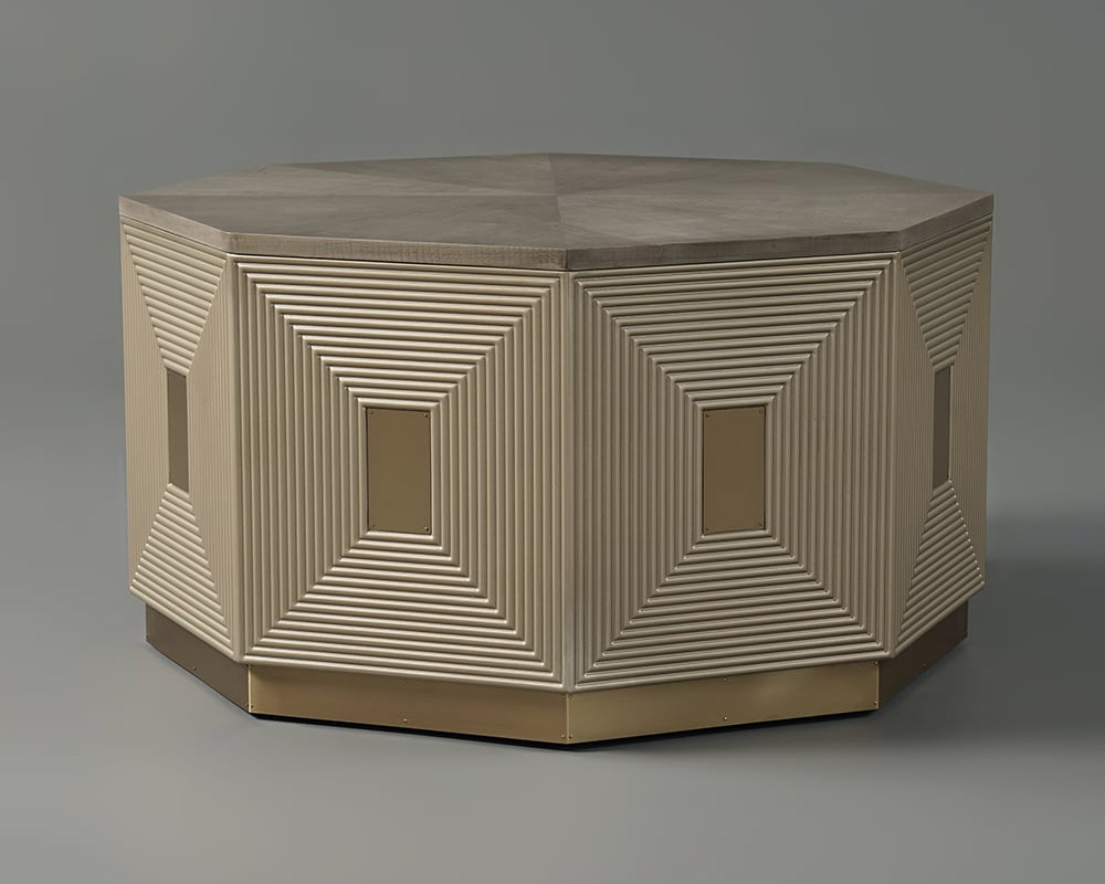 HMR - Mid Century Modern Block Coffee Table in Light Gray & Champagne with Octagonal Tabletop