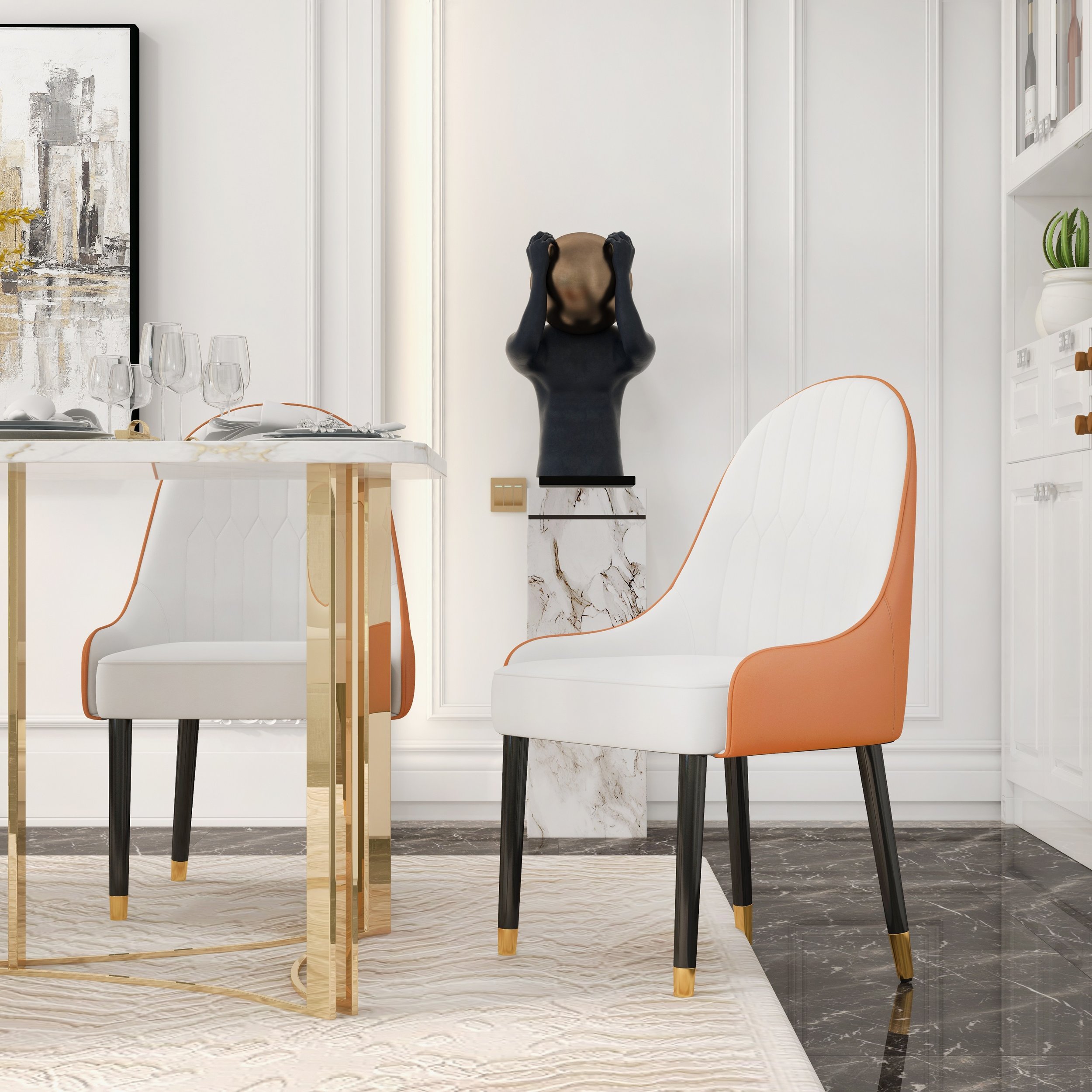 HMR Darg Series Modern PU Leather Upholstery Dining Chairs - White/Orange, Set of 4
