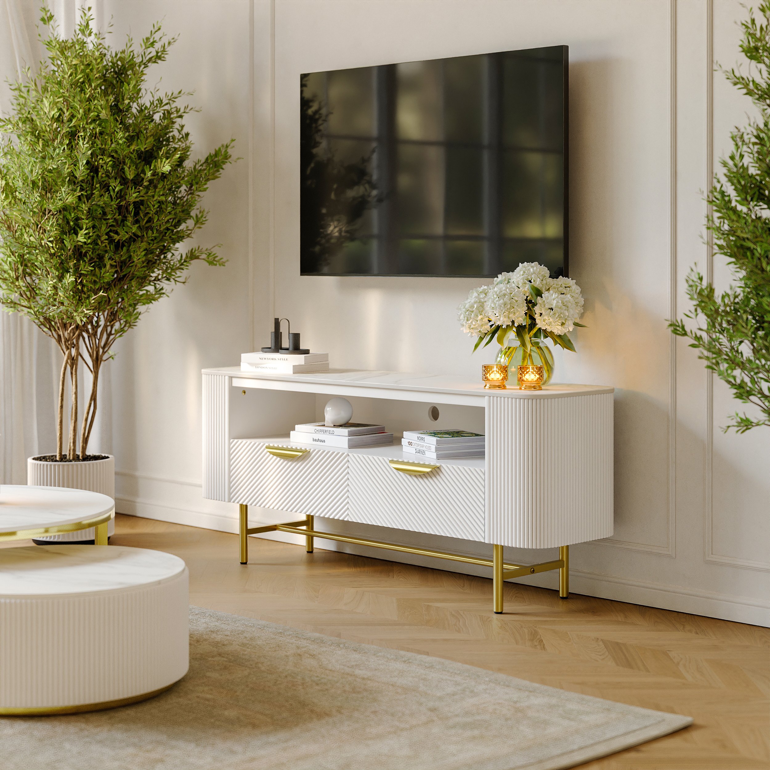 HMR - 50" White Sintered Stone Top Fluted TV Stand with Storage