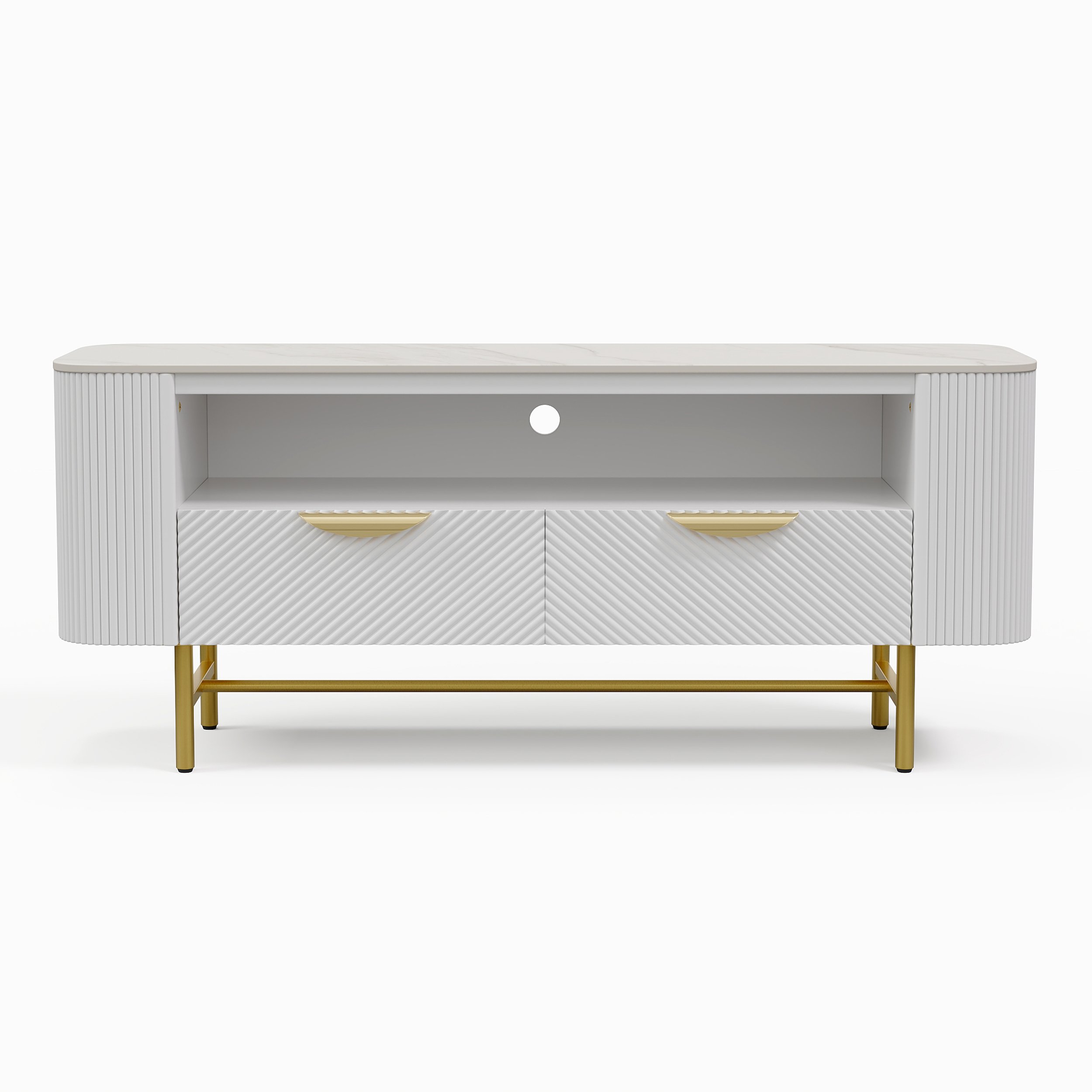 HMR - 50" White Sintered Stone Top Fluted TV Stand with Storage