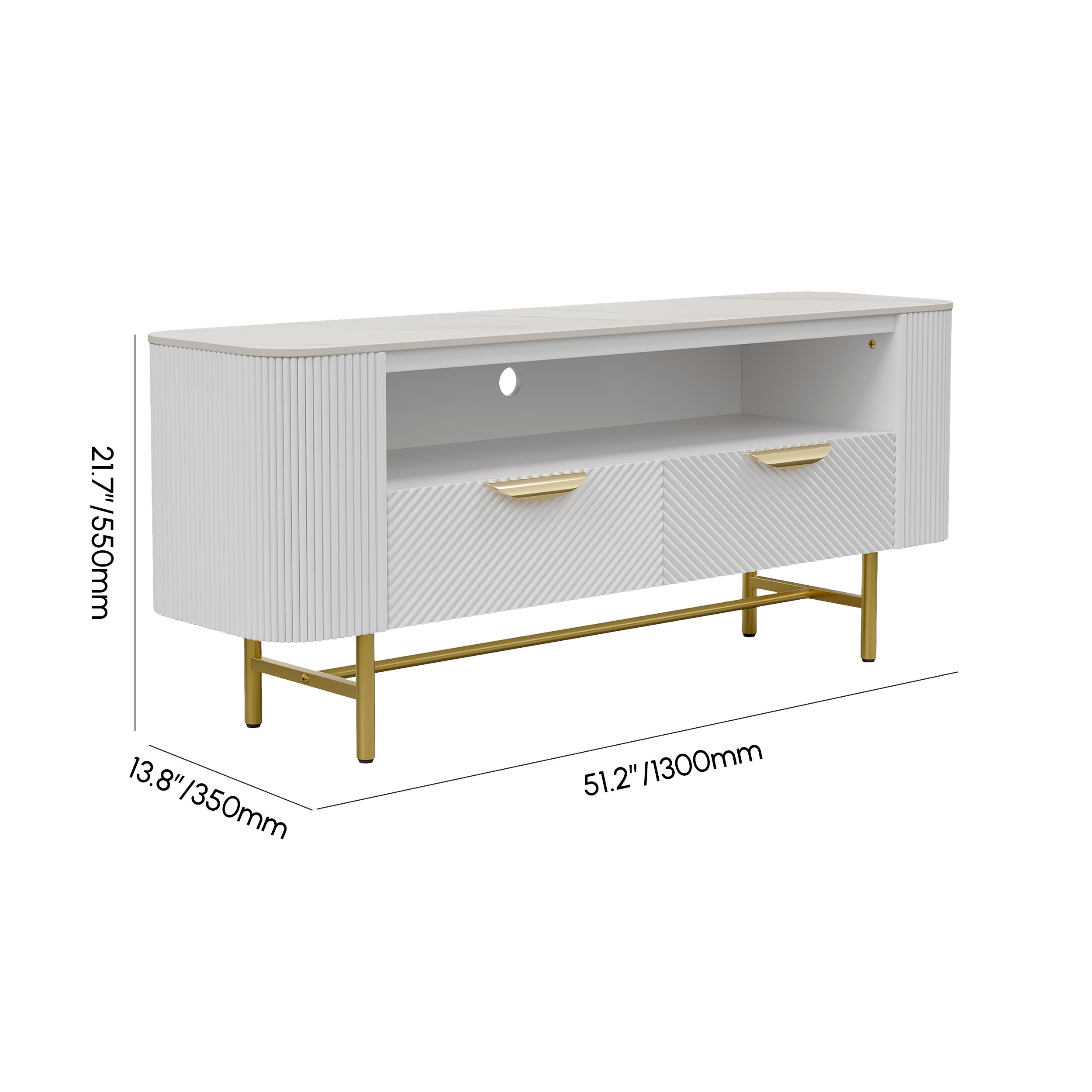 HMR - 50" White Sintered Stone Top Fluted TV Stand with Storage