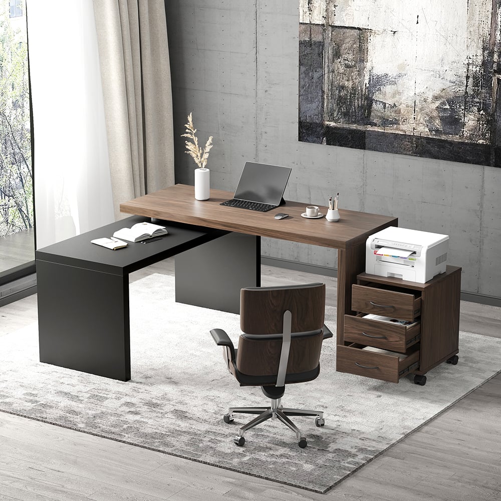 HMR Modern Swivel Desk & Home Office Chair Set L-Shaped Rotating Desk Adjustable - Black & Walnut