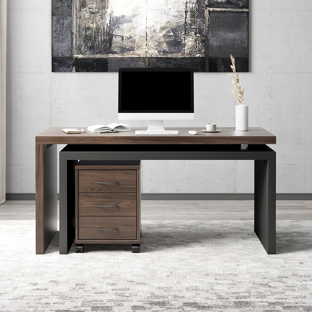 HMR Modern Swivel Desk & Home Office Chair Set L-Shaped Rotating Desk Adjustable - Black & Walnut