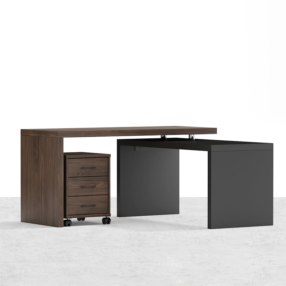 HMR Modern Swivel Desk & Home Office Chair Set L-Shaped Rotating Desk Adjustable - Black & Walnut