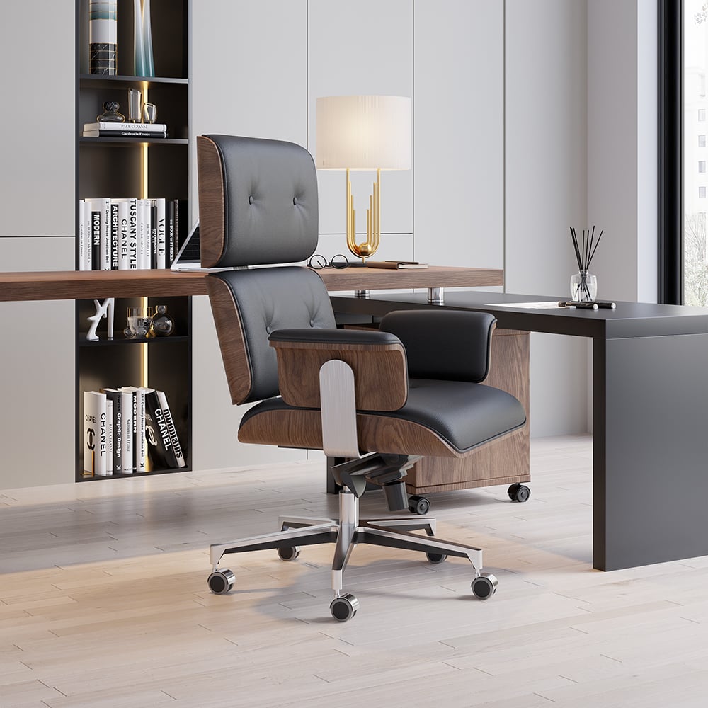 HMR Modern Swivel Desk & Home Office Chair Set L-Shaped Rotating Desk Adjustable - Black & Walnut