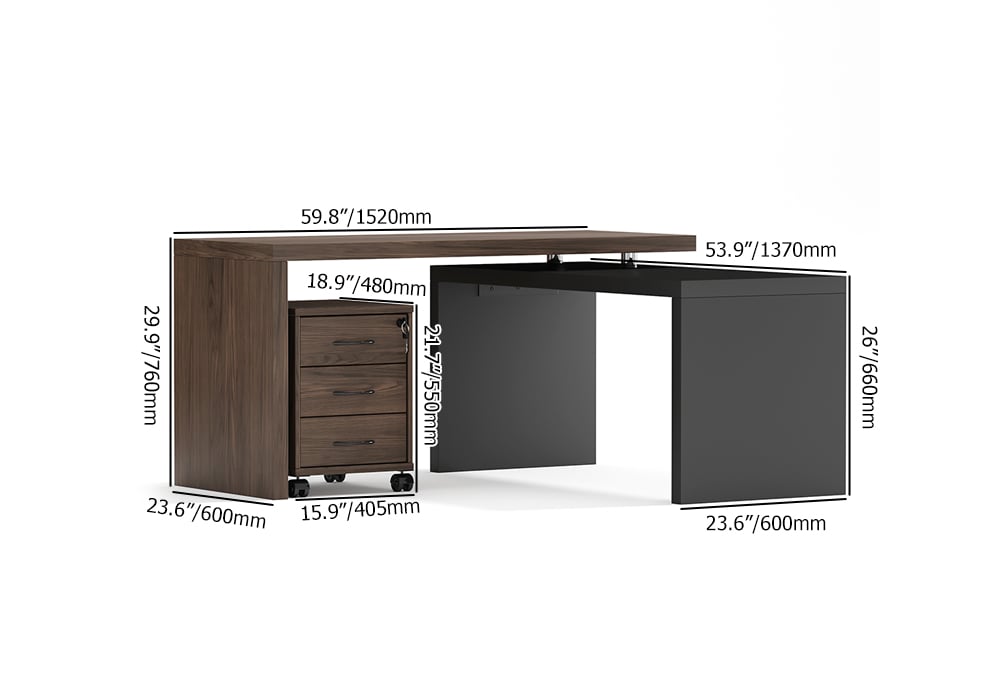 HMR Modern Swivel Desk & Home Office Chair Set L-Shaped Rotating Desk Adjustable - Black & Walnut