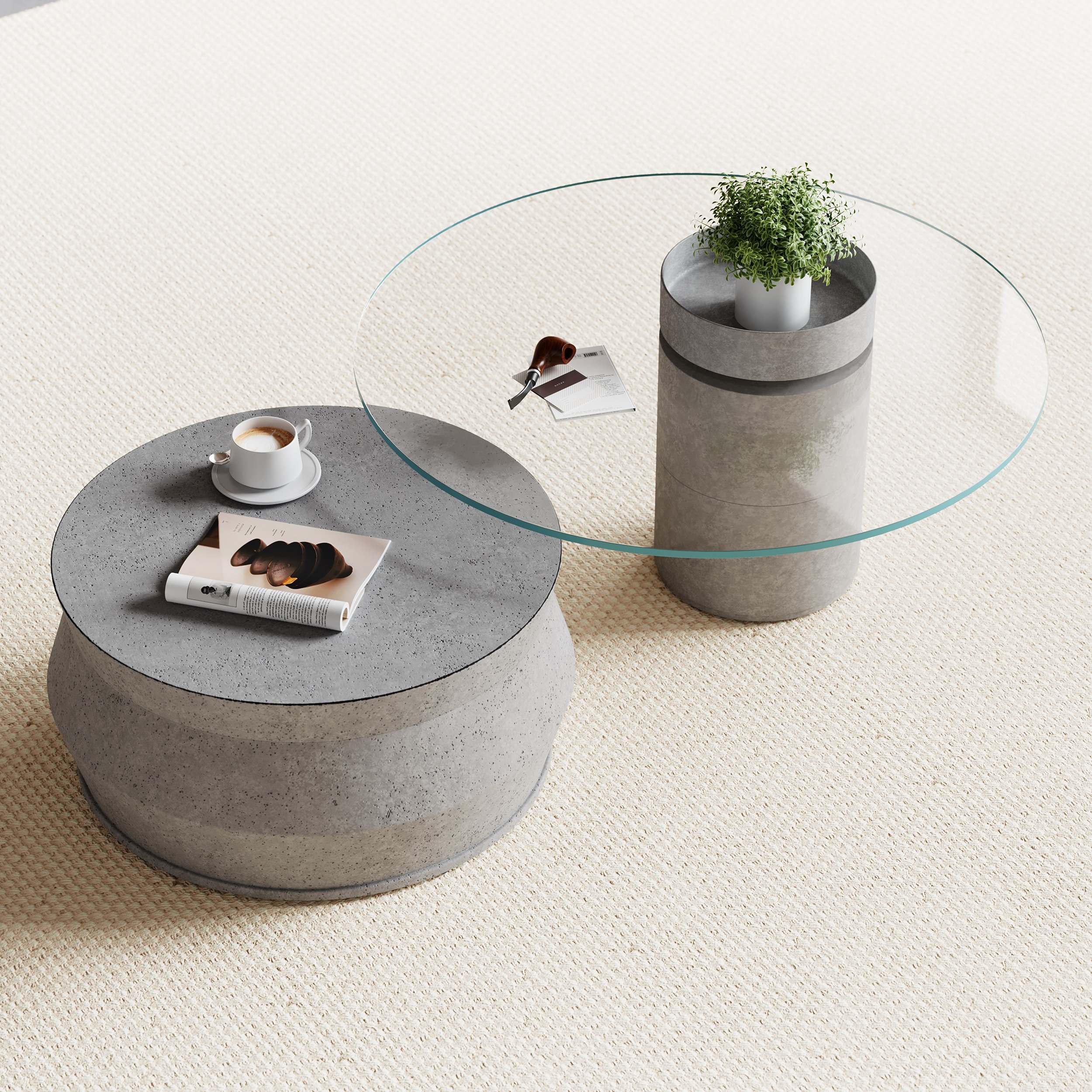 HMR - Set of 2 Round Nesting Coffee Table Set Glass Modern Concrete Gray Drum Coffee Table