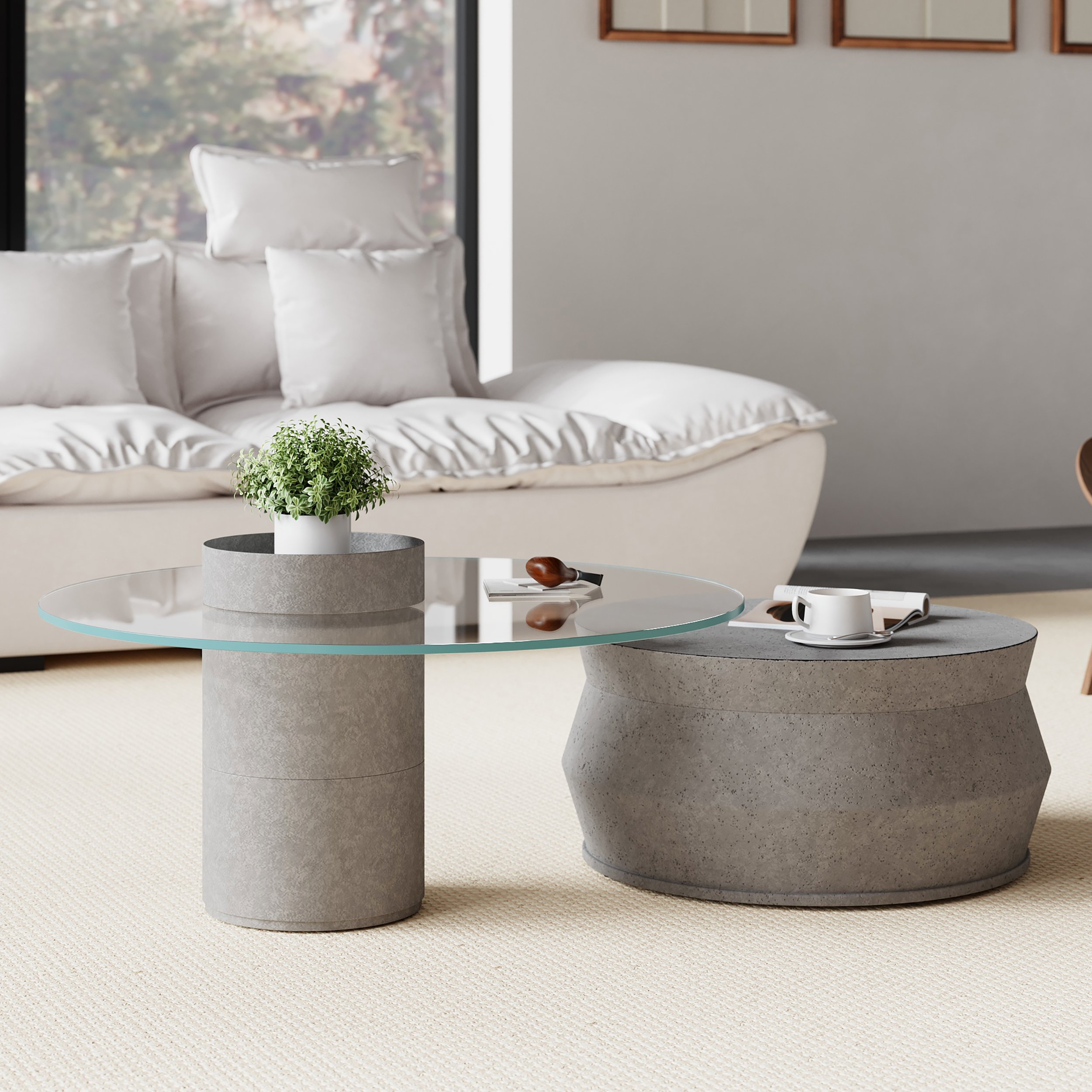 HMR - Set of 2 Round Nesting Coffee Table Set Glass Modern Concrete Gray Drum Coffee Table