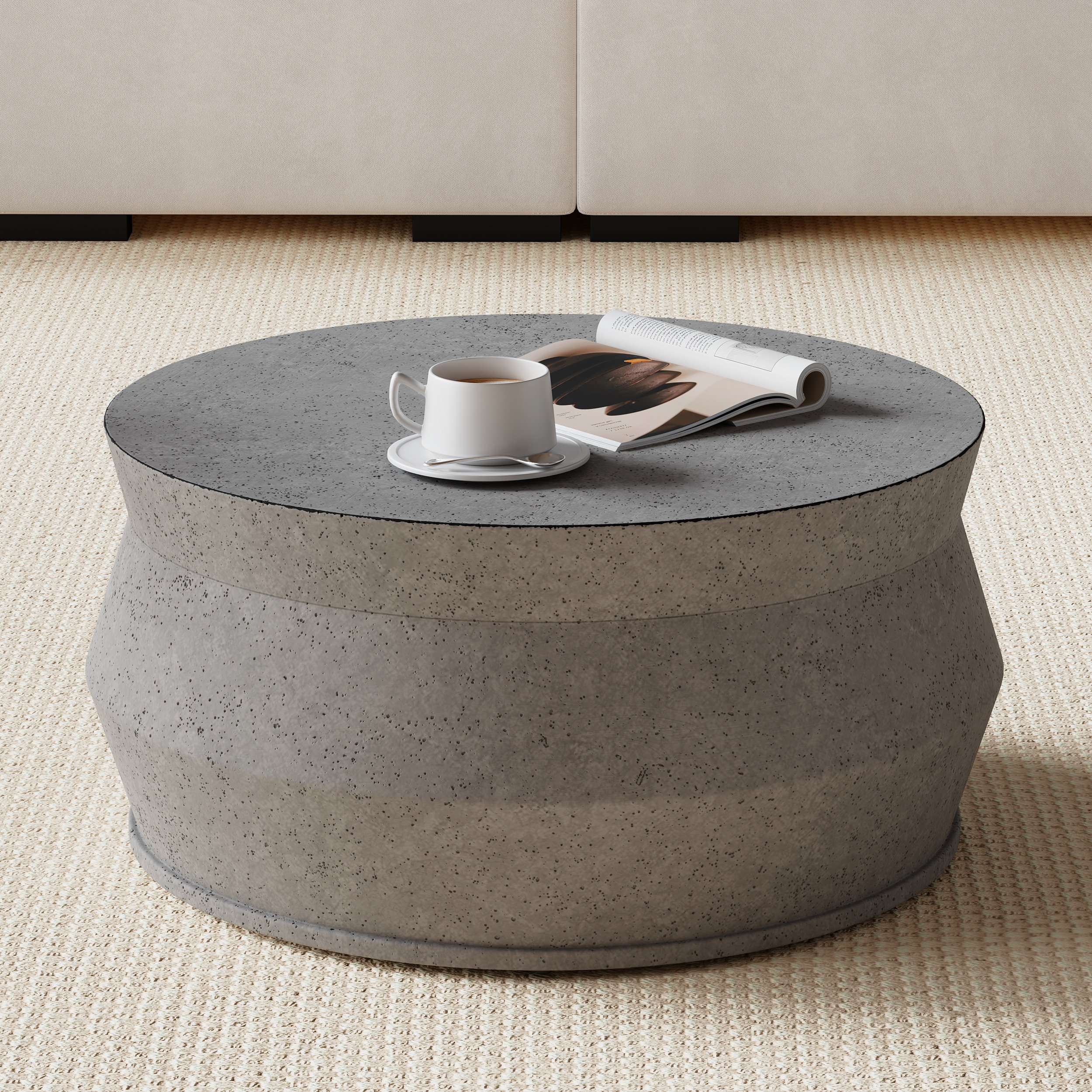 HMR - Set of 2 Round Nesting Coffee Table Set Glass Modern Concrete Gray Drum Coffee Table