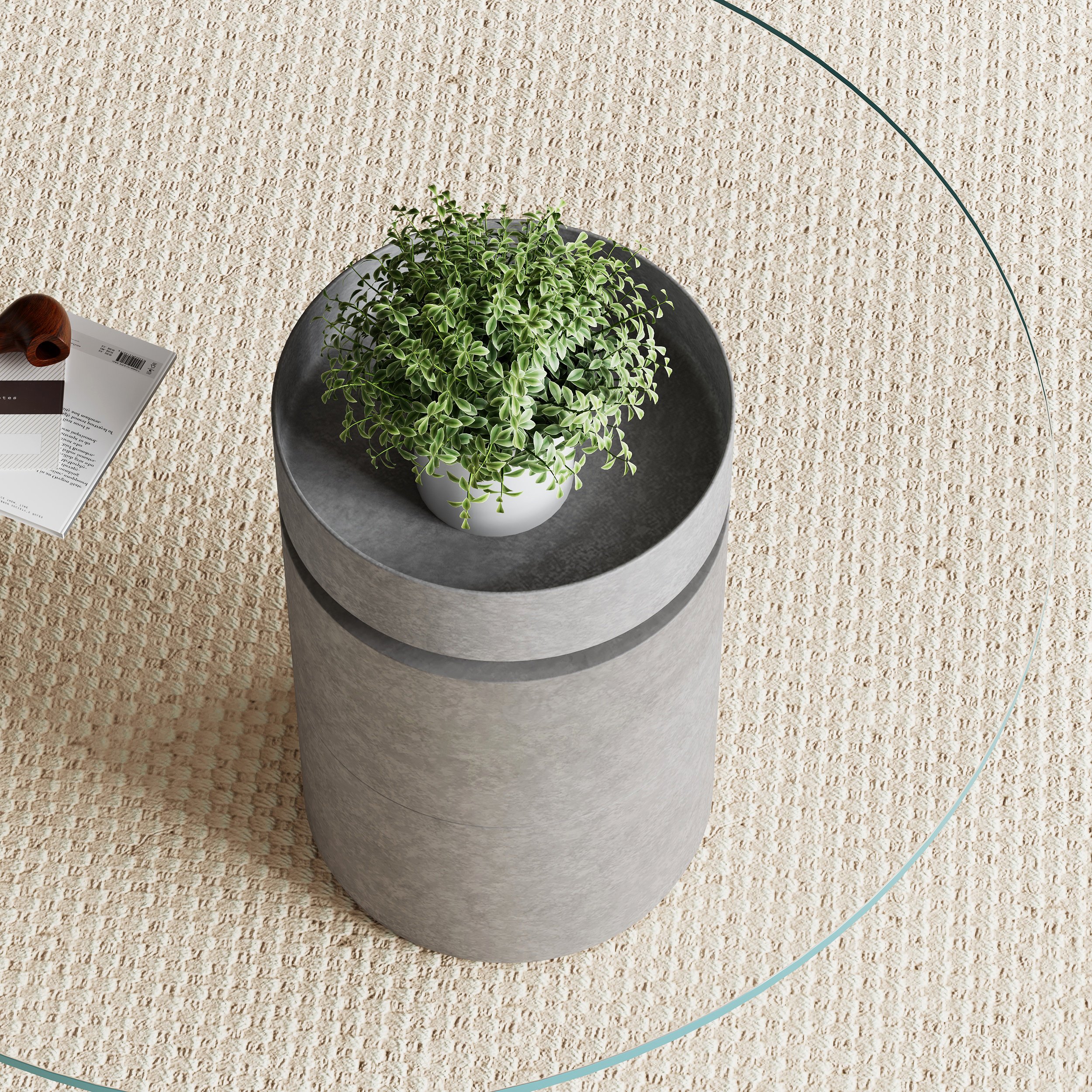 HMR - Set of 2 Round Nesting Coffee Table Set Glass Modern Concrete Gray Drum Coffee Table
