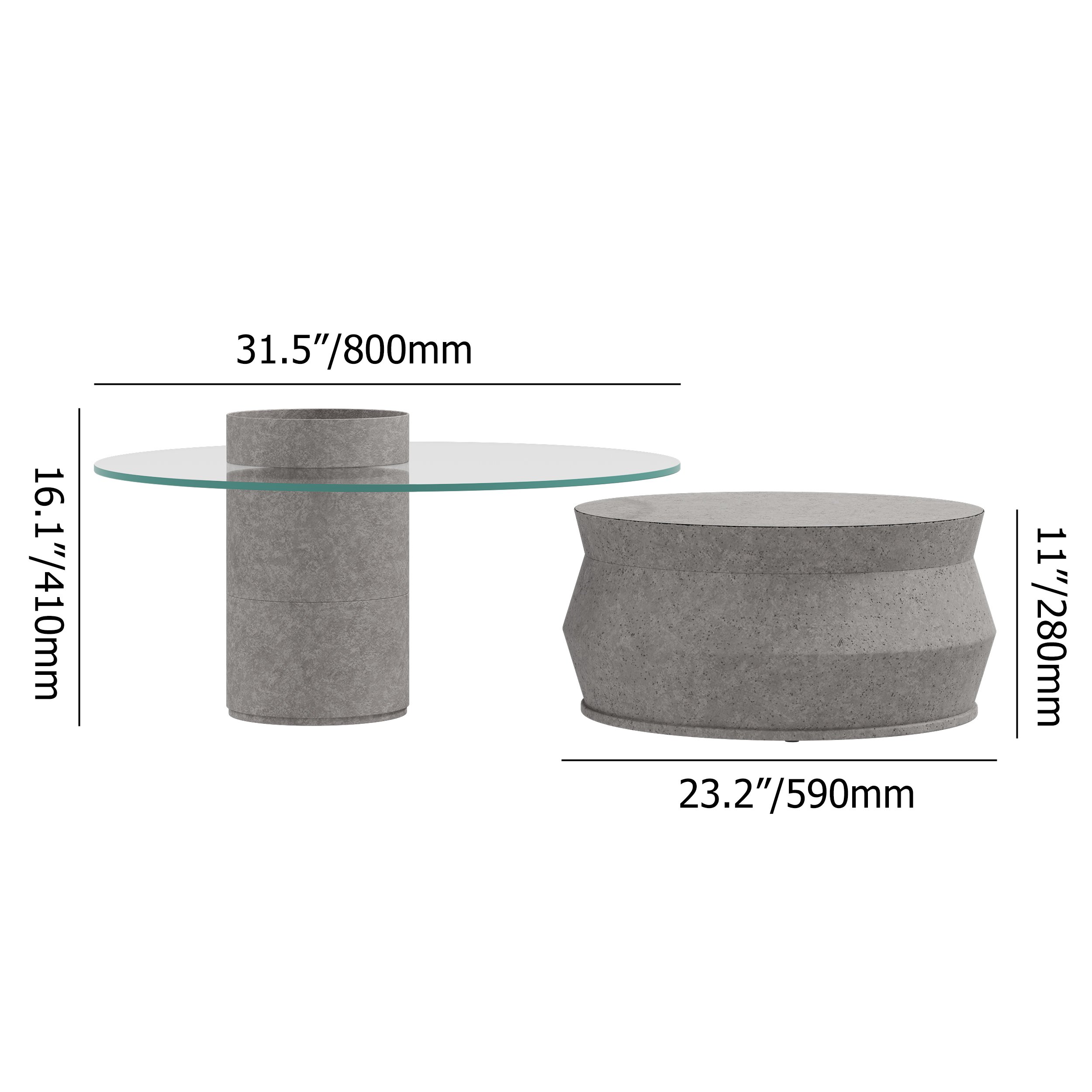 HMR - Set of 2 Round Nesting Coffee Table Set Glass Modern Concrete Gray Drum Coffee Table