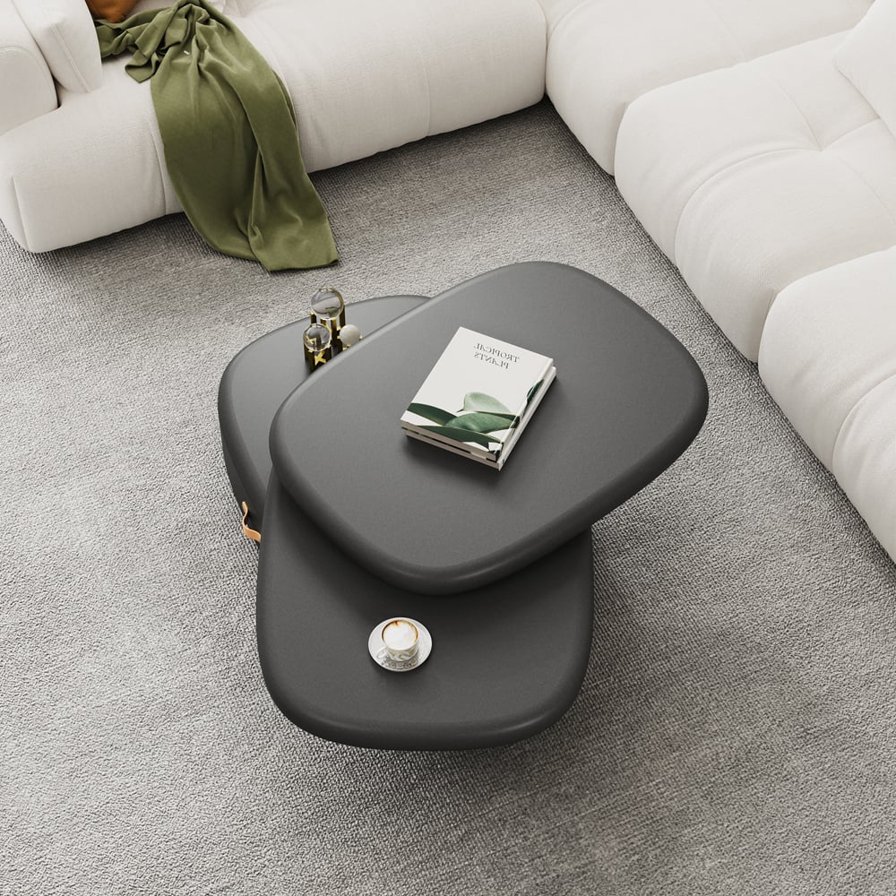HMR - 3-Tiered Modern Oval Black Pebbles Rotating Coffee Table with Storage