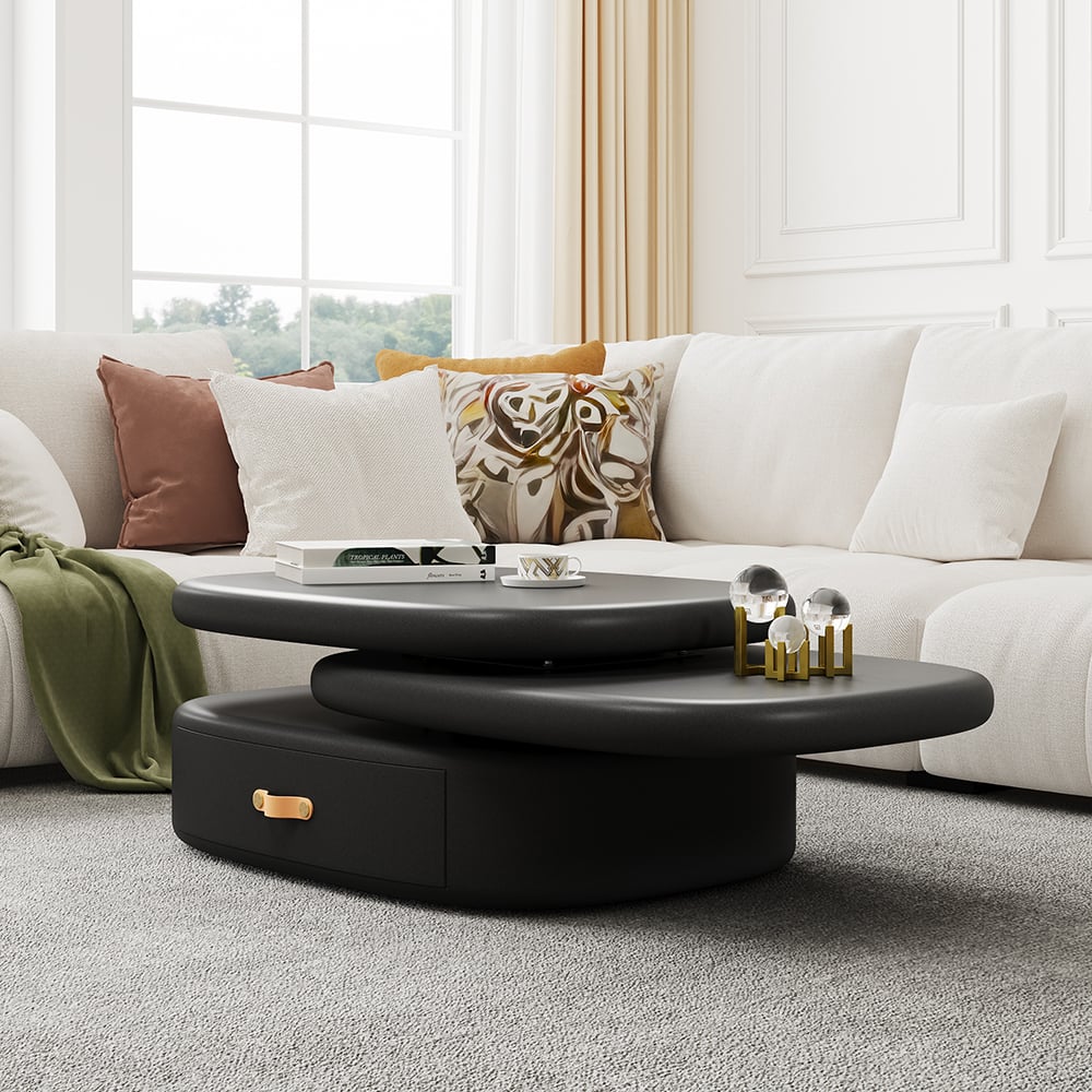 HMR - 3-Tiered Modern Oval Black Pebbles Rotating Coffee Table with Storage