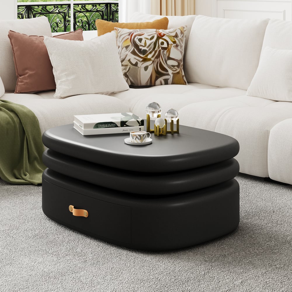 HMR - 3-Tiered Modern Oval Black Pebbles Rotating Coffee Table with Storage