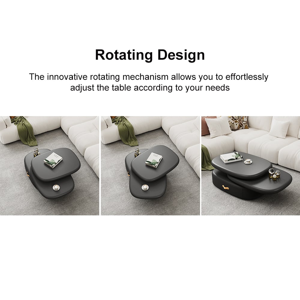 HMR - 3-Tiered Modern Oval Black Pebbles Rotating Coffee Table with Storage