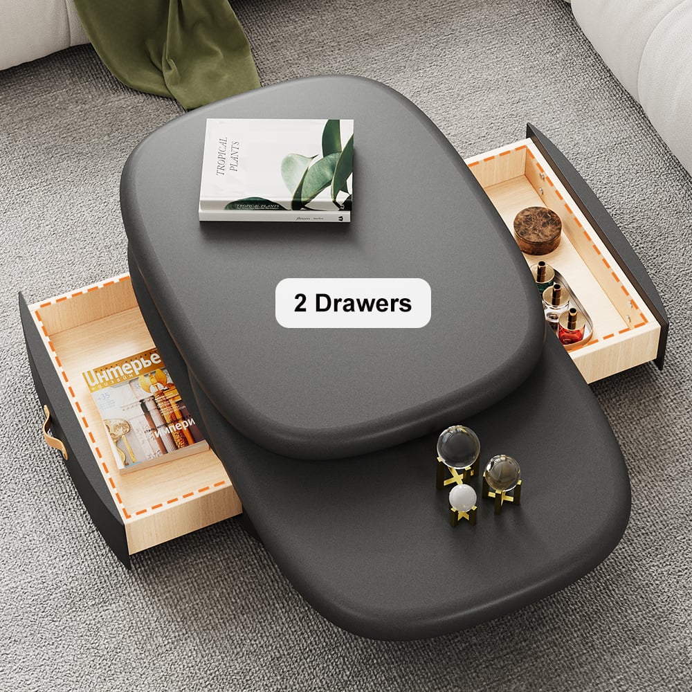 HMR - 3-Tiered Modern Oval Black Pebbles Rotating Coffee Table with Storage