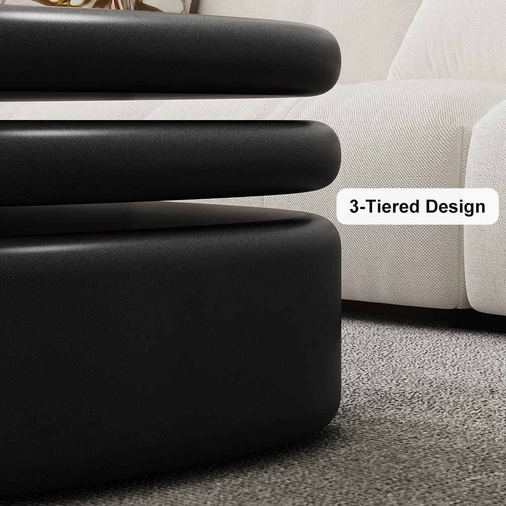 HMR - 3-Tiered Modern Oval Black Pebbles Rotating Coffee Table with Storage