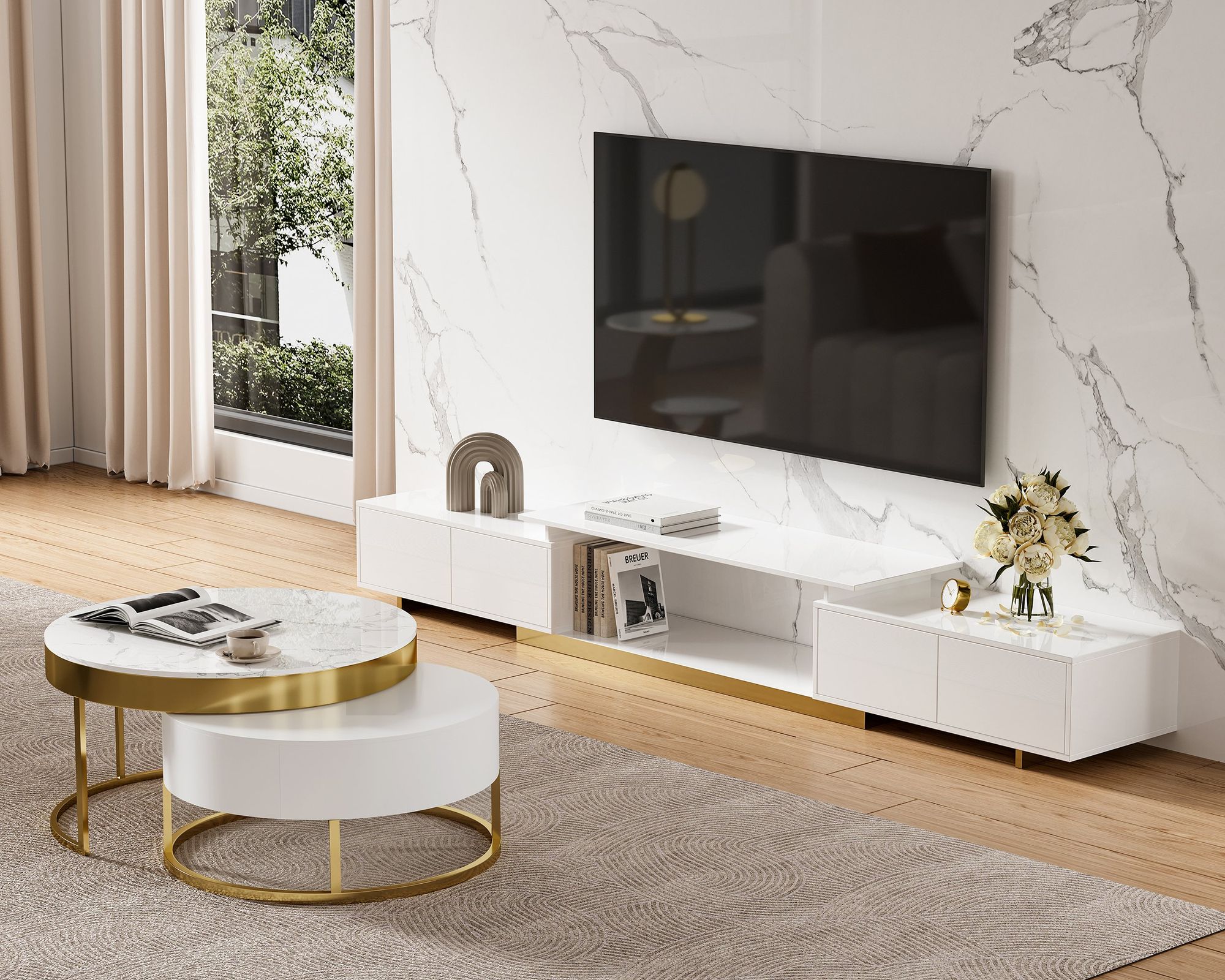 HMR - Mordelle Glossy Extendable TV Stand & Coffee Table Set