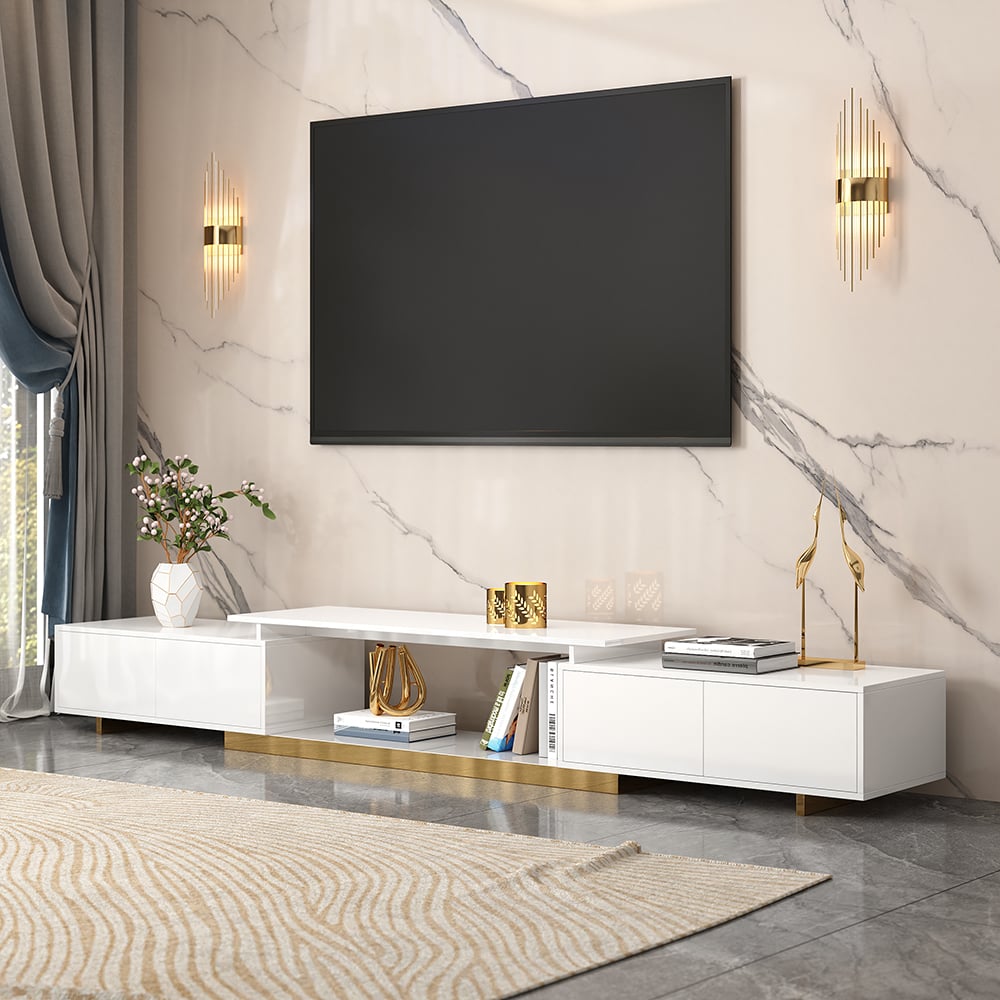 HMR Mordelle Glossy Extendable TV Stand & Coffee Table Set - White, Style B