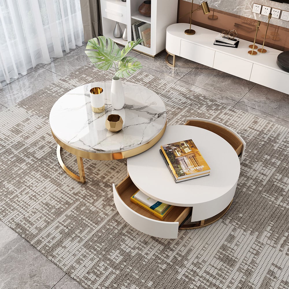 HMR Mordelle Glossy Extendable TV Stand & Coffee Table Set - White, Style B
