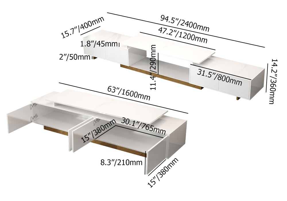 HMR Mordelle Glossy Extendable TV Stand & Coffee Table Set - White, Style B