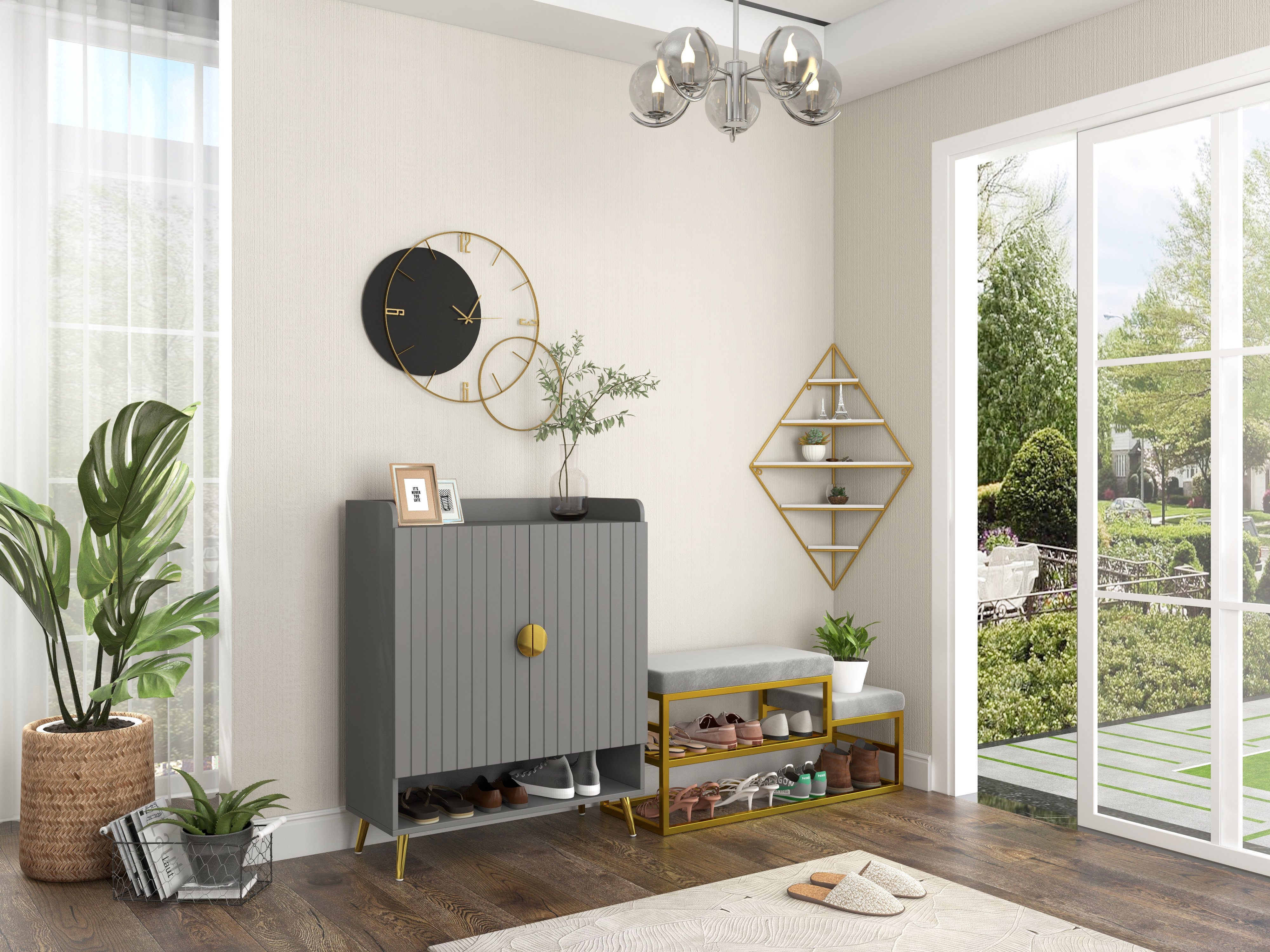 HMR Yellar Nordic Entryway Shoe Cabinet with Doors & Open Shelves - Gray, 31.5" (5 Shelves)