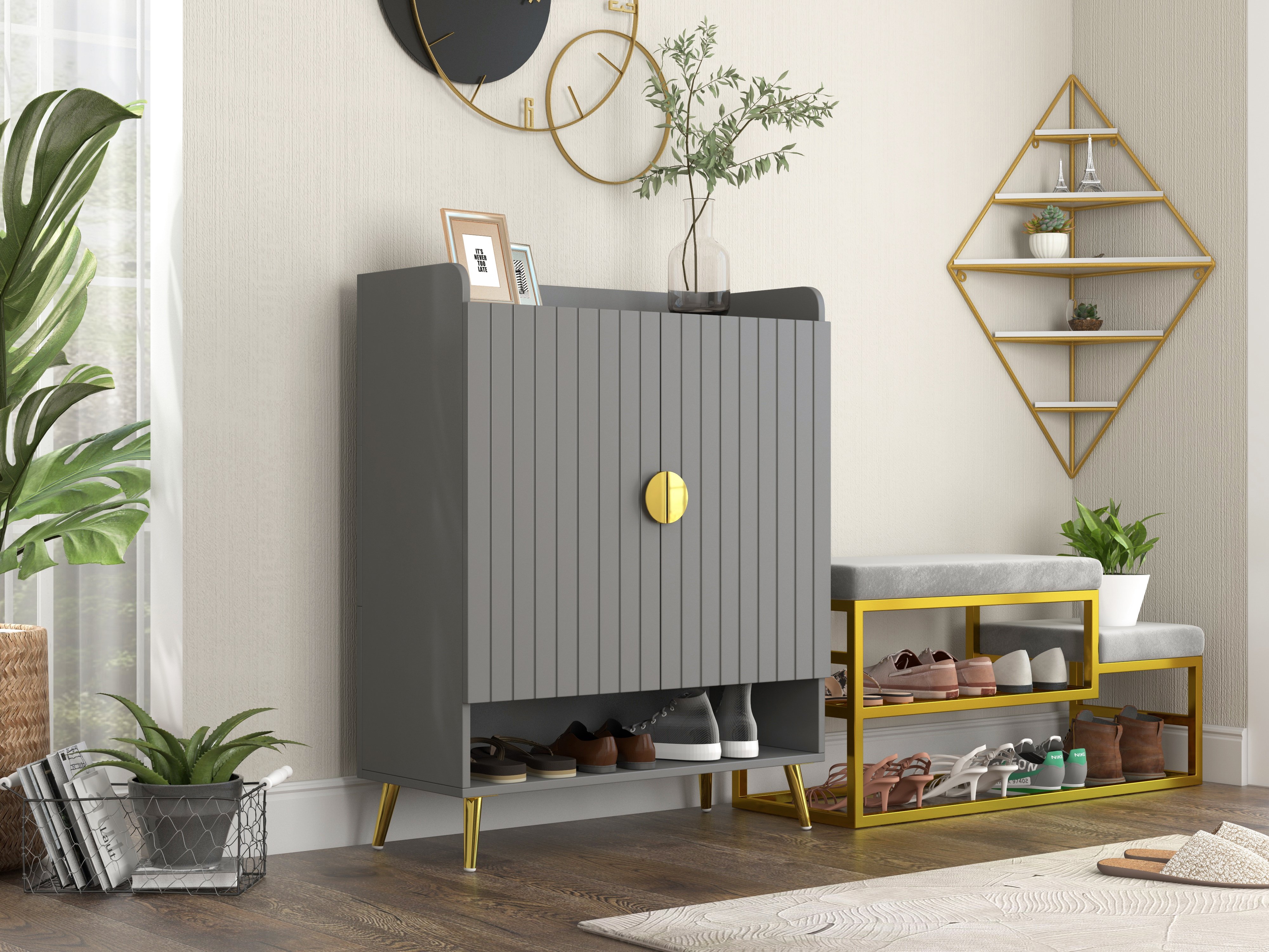 HMR Yellar Nordic Entryway Shoe Cabinet with Doors & Open Shelves - Gray, 31.5" (5 Shelves)