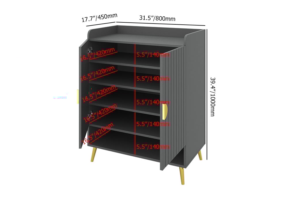 HMR Yellar Nordic Entryway Shoe Cabinet with Doors & Open Shelves - Gray, 31.5" (5 Shelves)