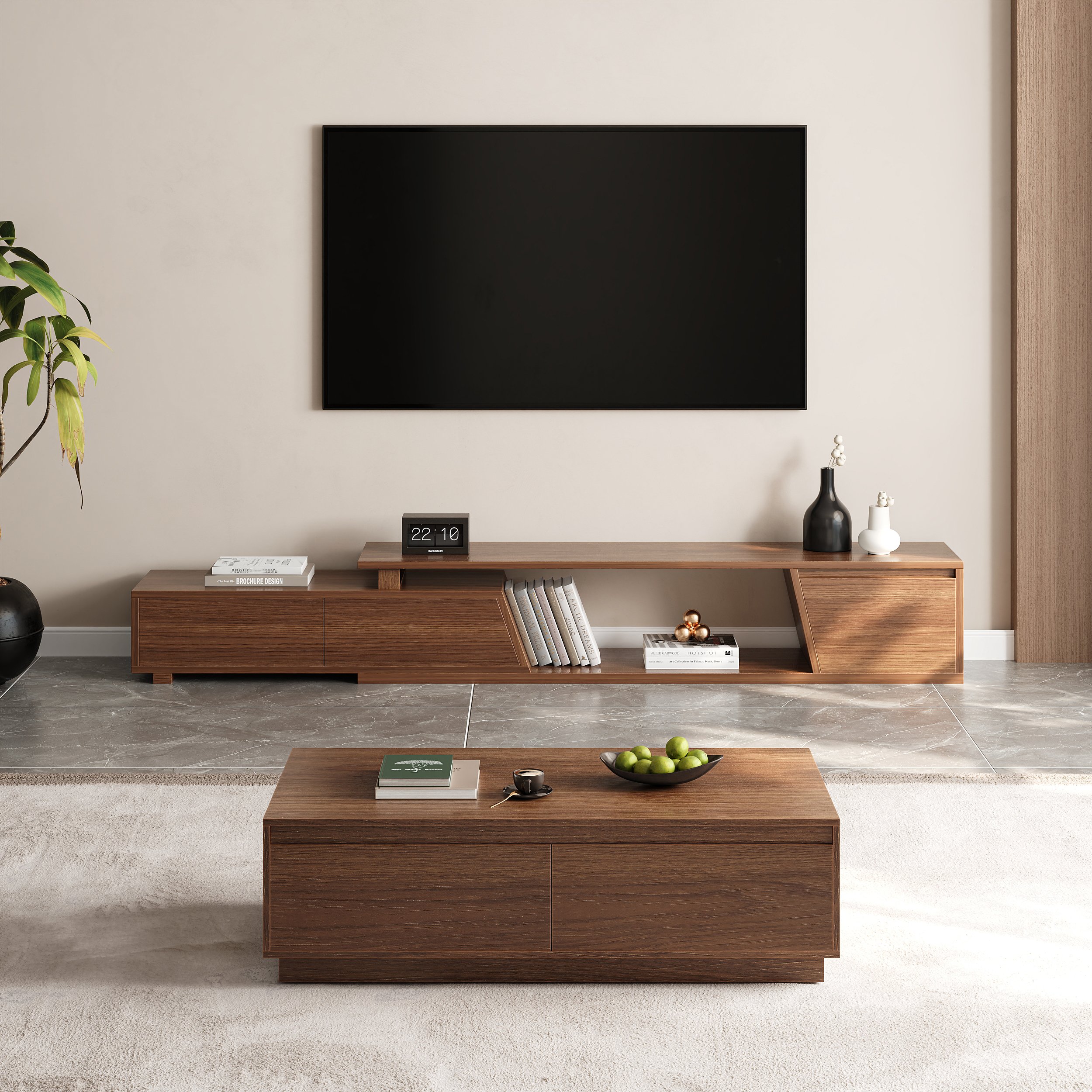HMR - 47" Mid Century Rectangular Walnut Block Coffee Table