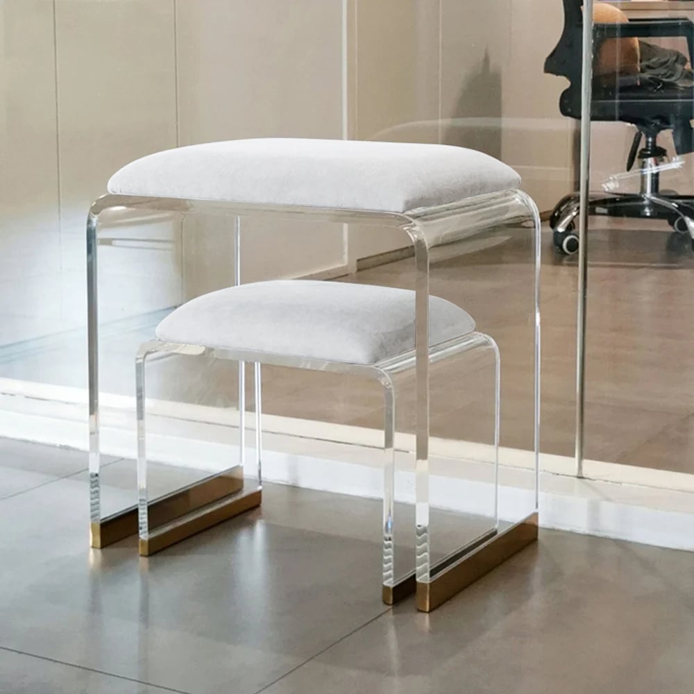 HMR - Velvet Upholstered and Acrylic Frame Makeup Vanity Stool and Clear Ottoman