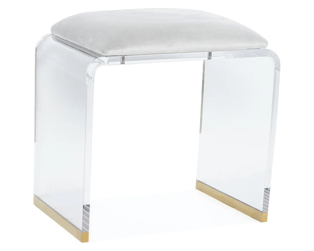 HMR Velvet Upholstered and Acrylic Frame Makeup Vanity Stool and Clear Ottoman - White, 12.6"W x 9.1"D x 12.2"H