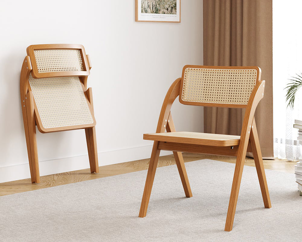 HMR Japandi Folding Solid Wood Natural Dining Chairs - Walnut, 2-Pieces