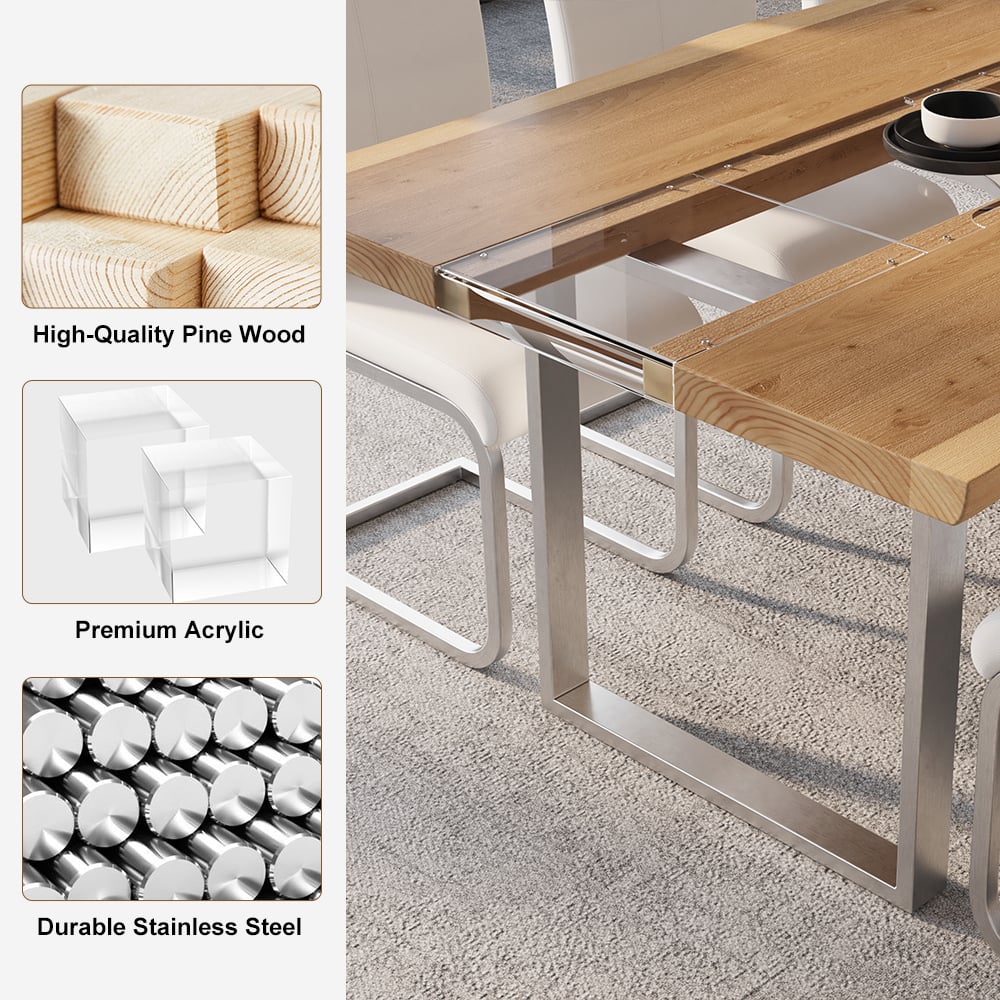 HMR - 70.9" Live Edge Style Rectangle Wood Acrylic Dining Table Seats 6-8 People