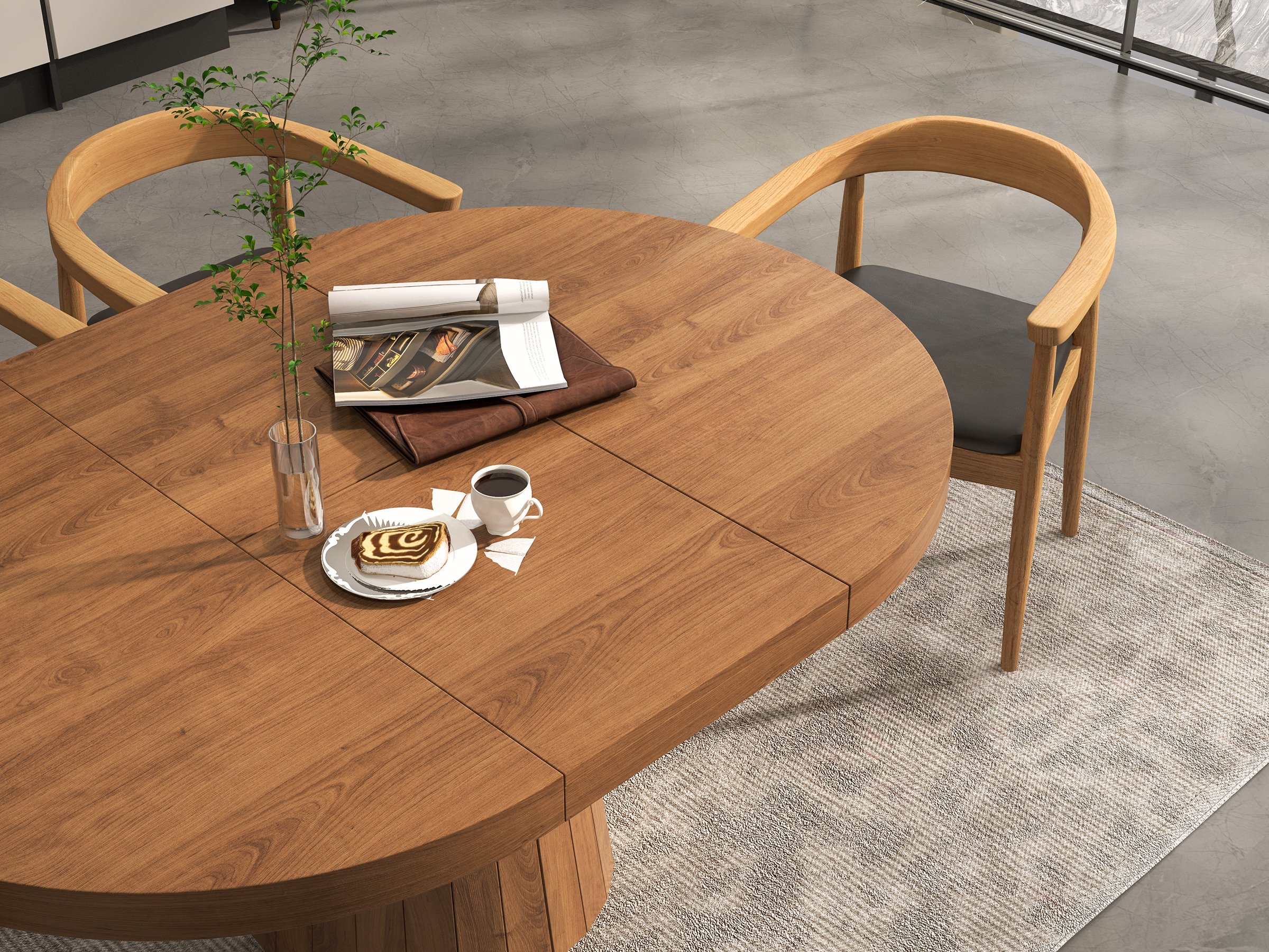 HMR 39"-55" Japandi Style Oval & Round Extendable Wood Dining Table (Seats 4-6 People) - Walnut