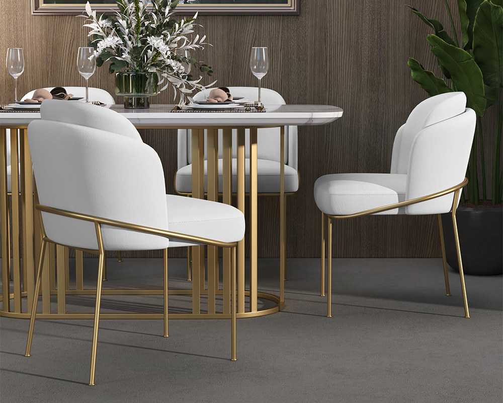 HMR Linenic Series Modern Dining Chairs with Linen Upholstery - White/Gold, Set of 4