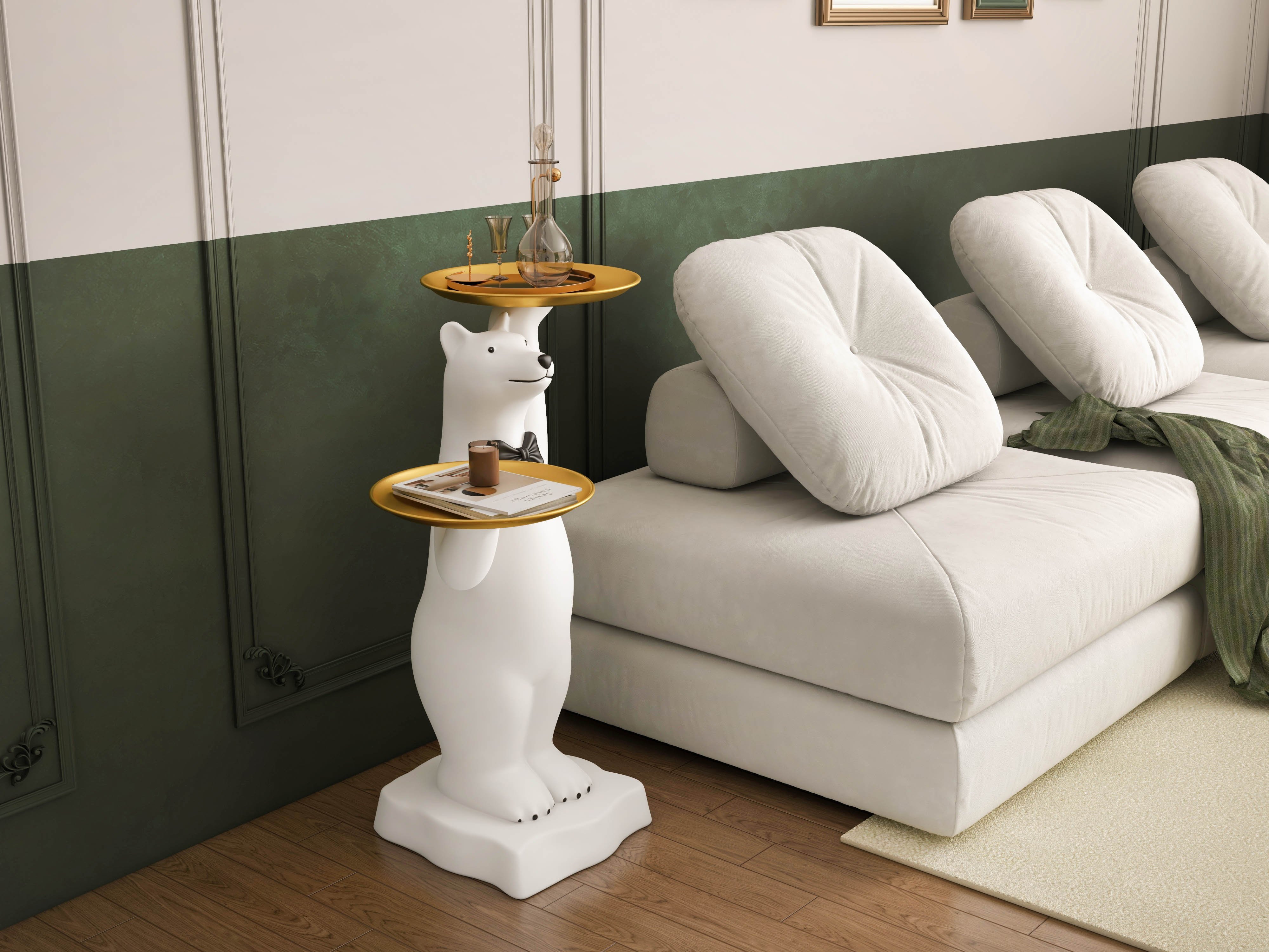 HMR - Modern White Bear Side Table Resin Tiered Tray Top End Table in Gold