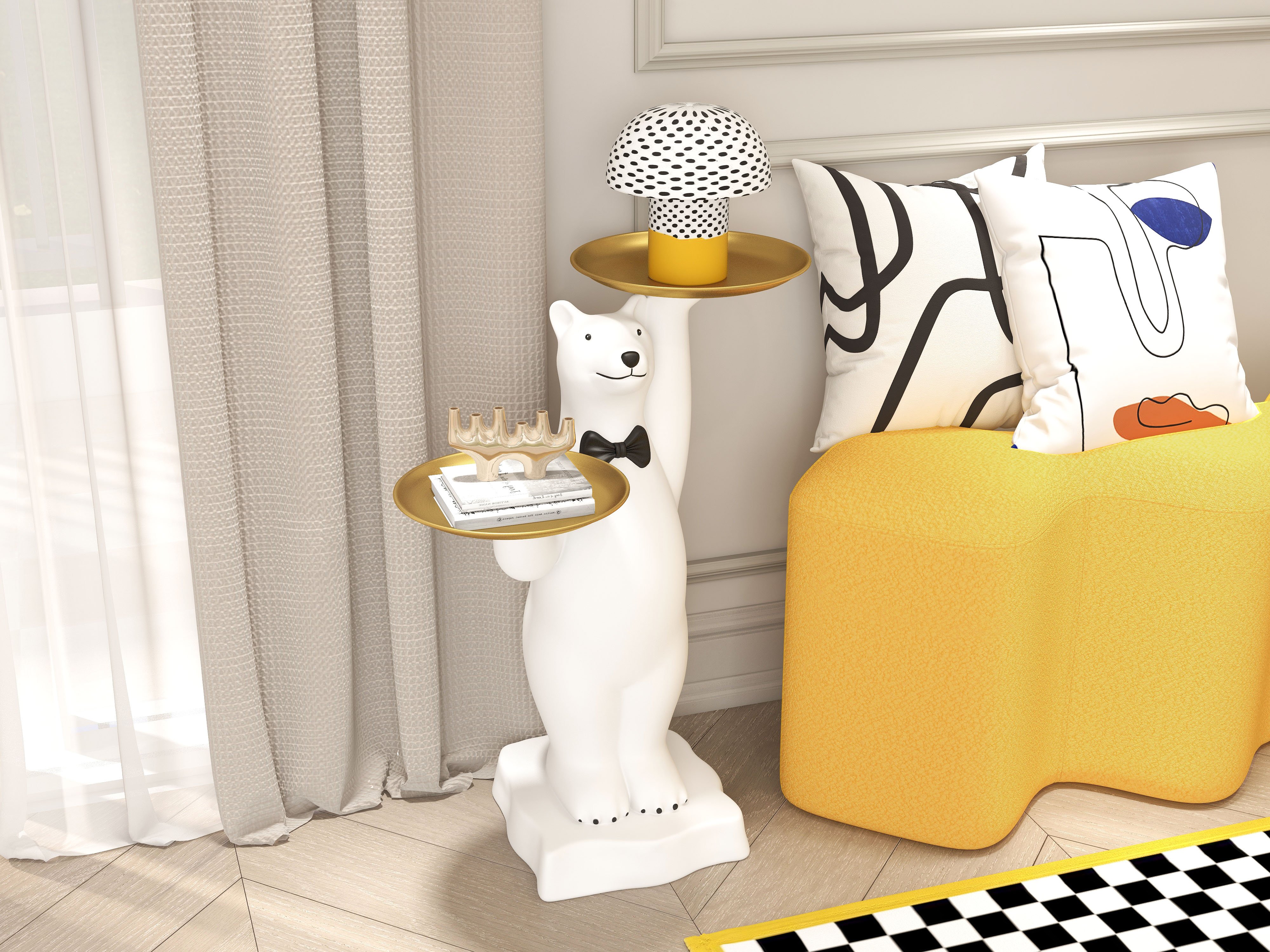 HMR - Modern White Bear Side Table Resin Tiered Tray Top End Table in Gold