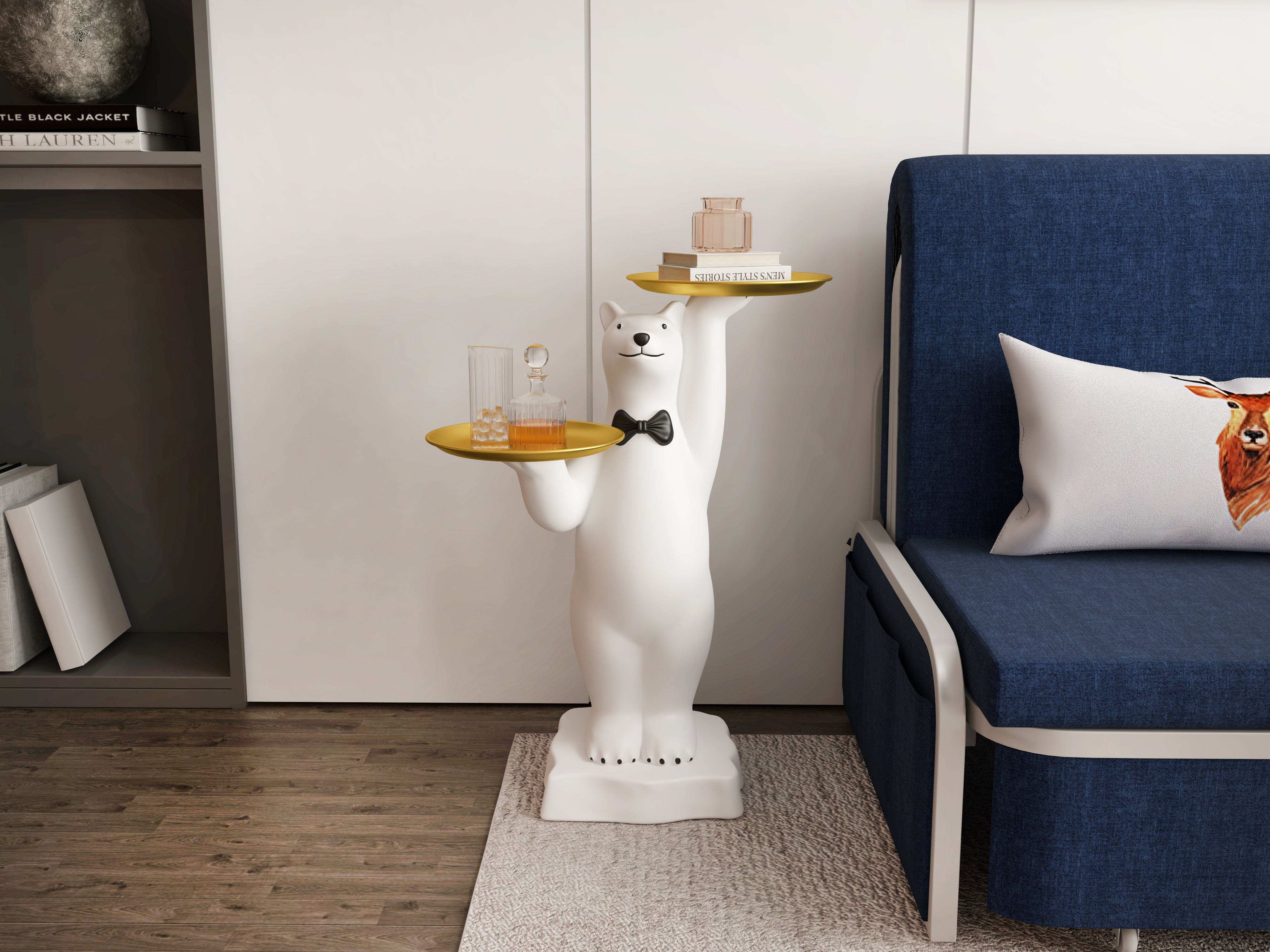 HMR - Modern White Bear Side Table Resin Tiered Tray Top End Table in Gold
