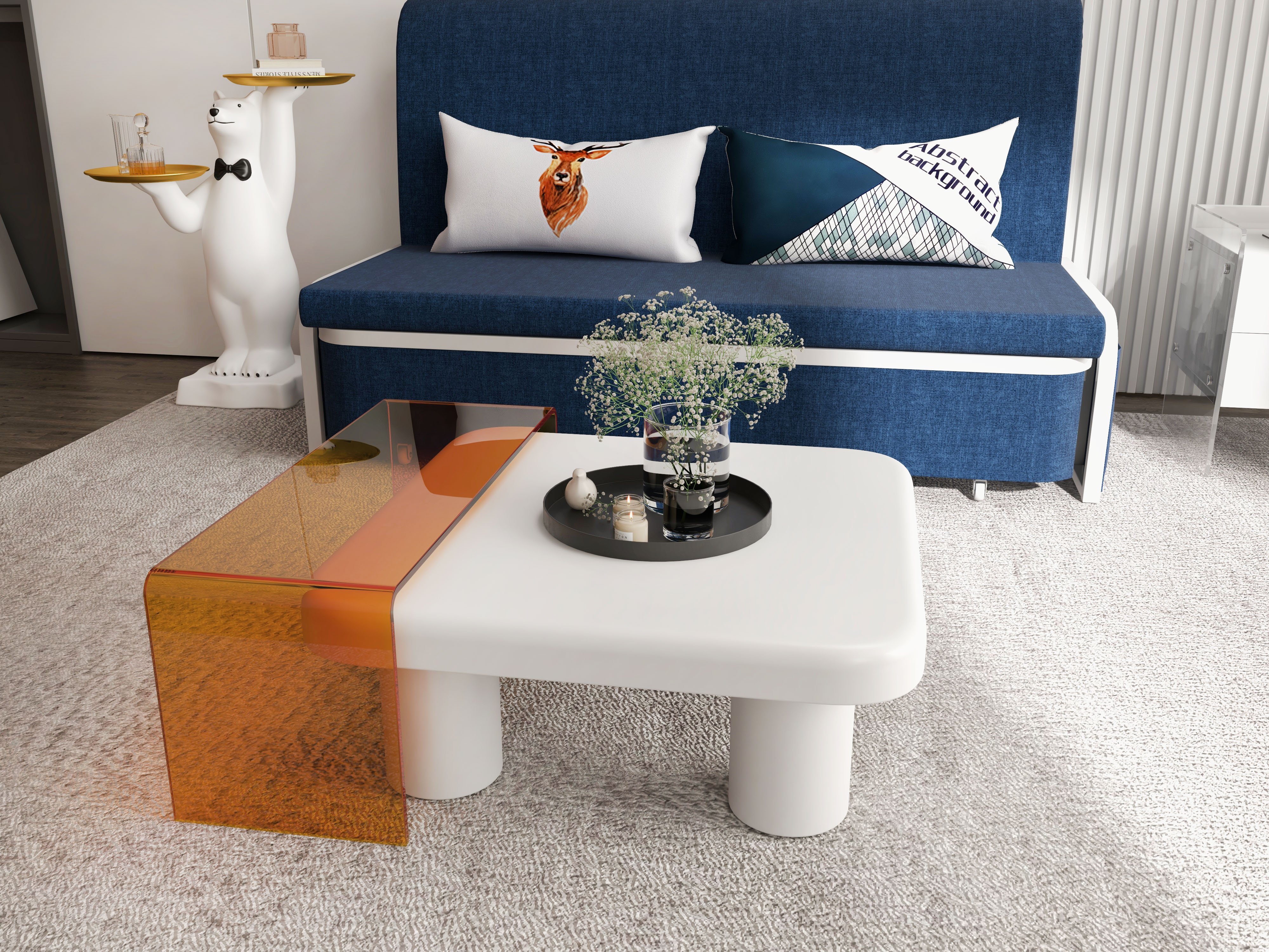 HMR - Modern White Bear Side Table Resin Tiered Tray Top End Table in Gold