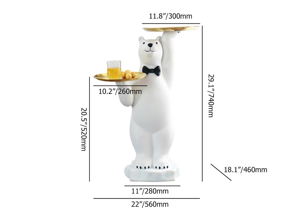 HMR - Modern White Bear Side Table Resin Tiered Tray Top End Table in Gold