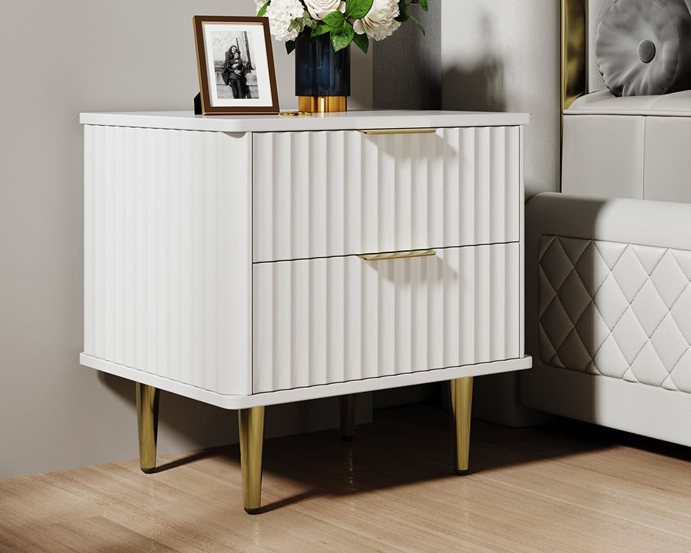 HMR Modern White Nightstand with 2 Drawers Bedside Table with Gold Legs - Set of 2