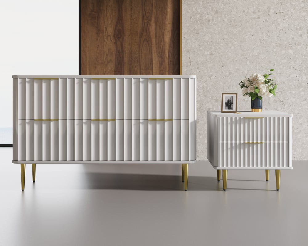 HMR Modern White Nightstand with 2 Drawers Bedside Table with Gold Legs - Set of 2